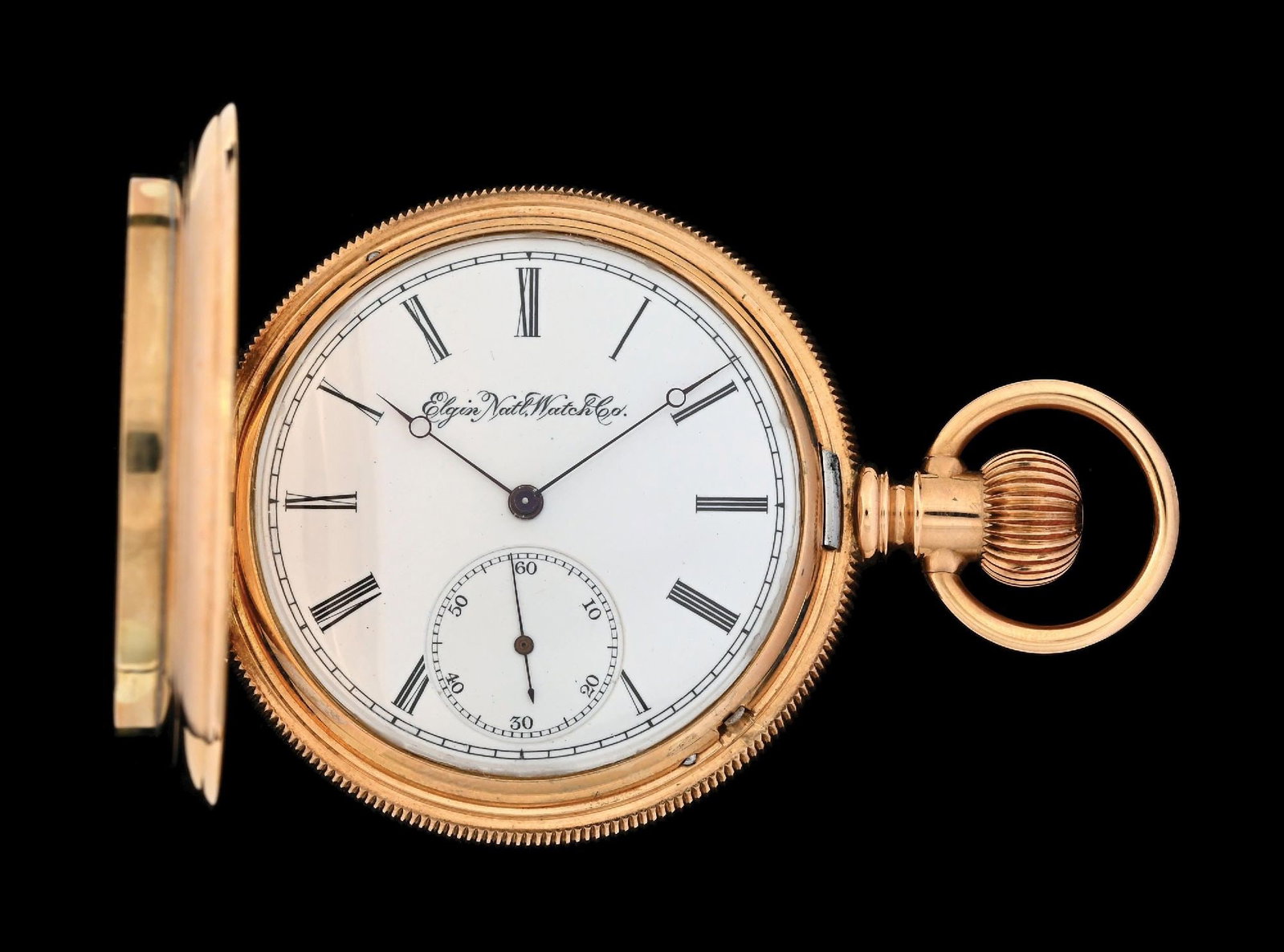 14K YELLOW GOLD ELGIN H/C POCKET WATCH W/FEDERAL EAGLE & GOLD-QUARTZ INLAYS: 14k yellow gold Elgin Grade 50 hunting cased pocket watch with natural gold-quartz inlays to front cover and multi-color applied gold federal eagle to rear cover. Case diameter measures 51mm. Movement