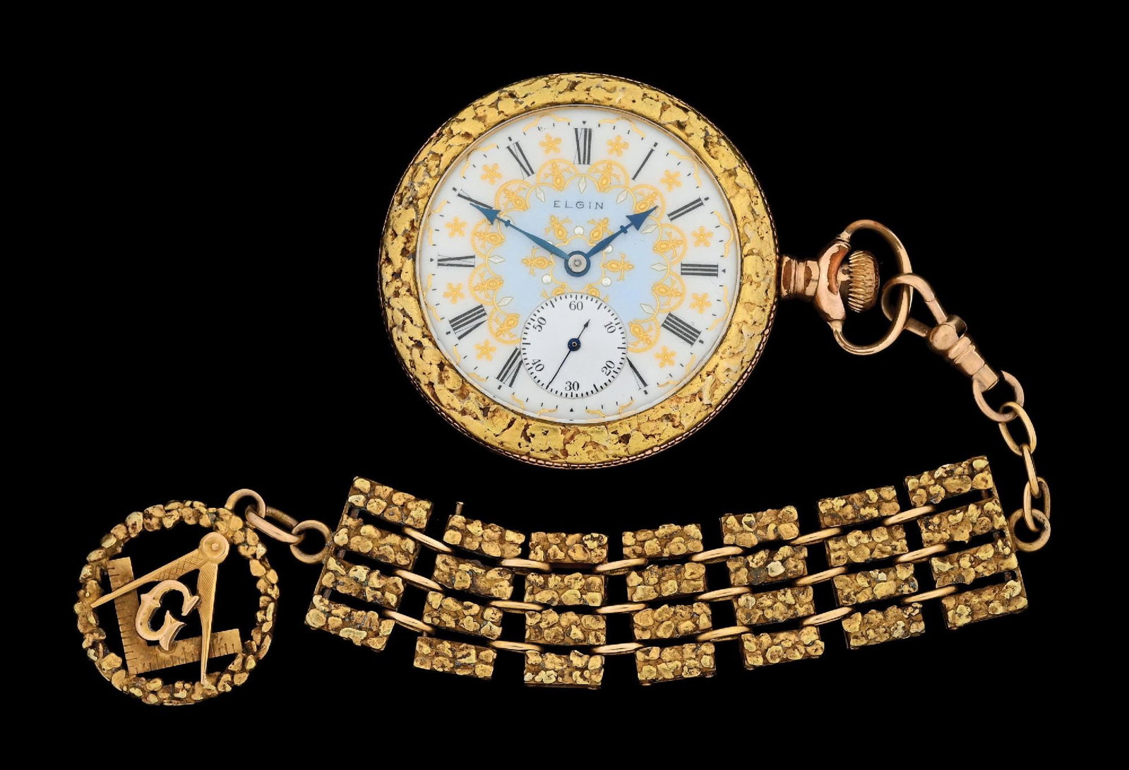 NATURAL GOLD NUGGET O/F ELGIN/NY STANDARD POCKET WATCH W/CHAIN & MASONIC FOB (1 of 5)