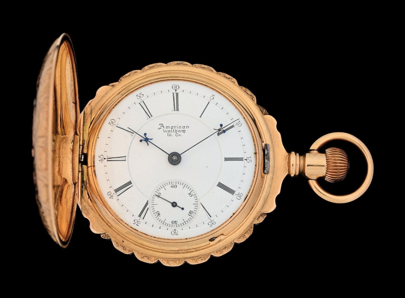 14K MULTI-COLOR GOLD WALTHAM H/C BOX-HINGE POCKET WATCH: 14k multi-color gold Waltham Crescent St. scalloped hunting cased box-hinge pocket watch decorated with stag head and flowers. Case diameter measures 57mm. Movement serial number: 6019756. Circa 1895.