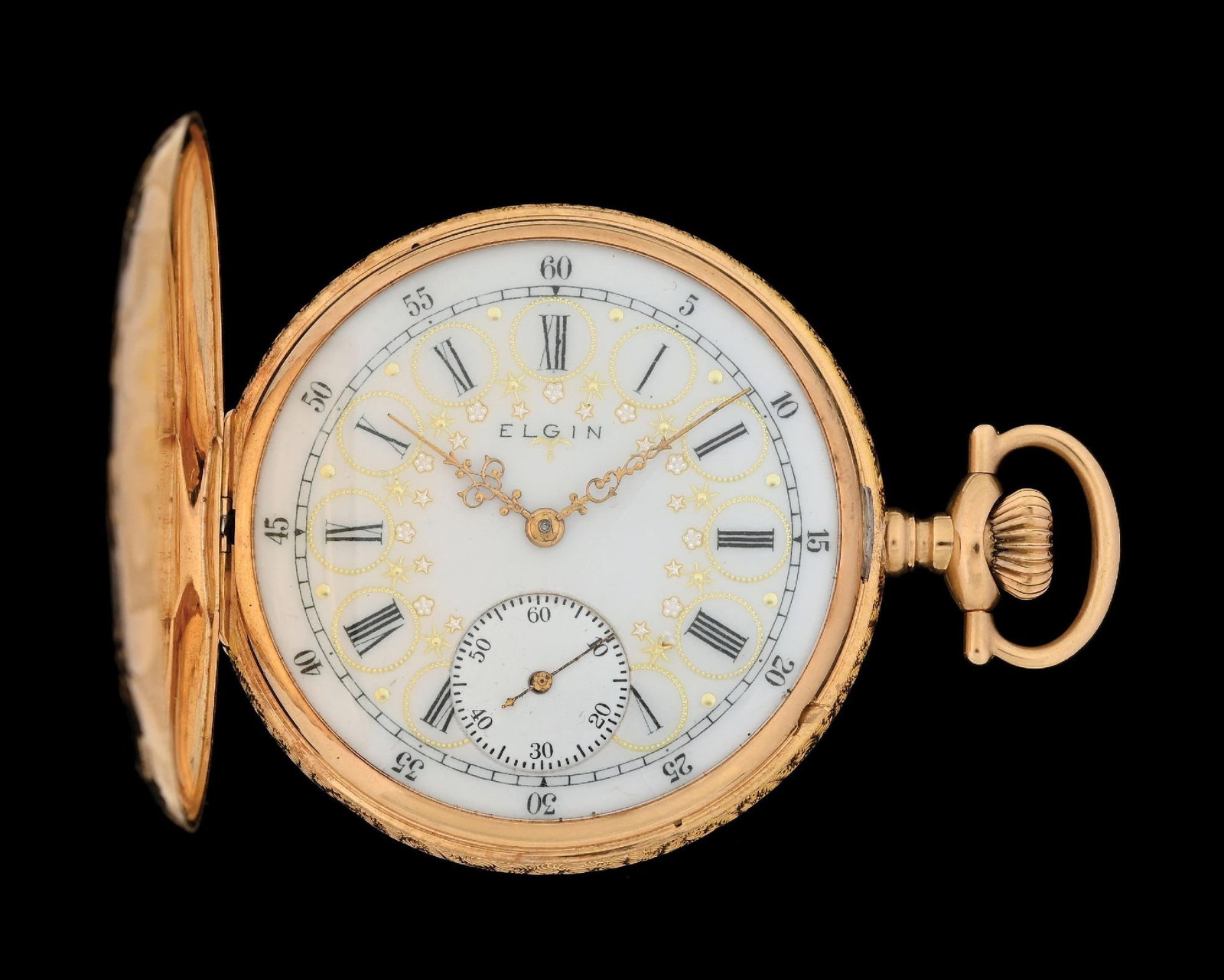 14K YELLOW GOLD ELGIN H/C POCKET WATCH W/FANCY DIAL: 14k yellow gold Elgin 339 hunting cased engine-turned pocket watch with fancy enameled decorated dial. Case diameter measures 48mm. Movement serial number: 12117309. Circa 1906. 17j. 16s. Keystone cas