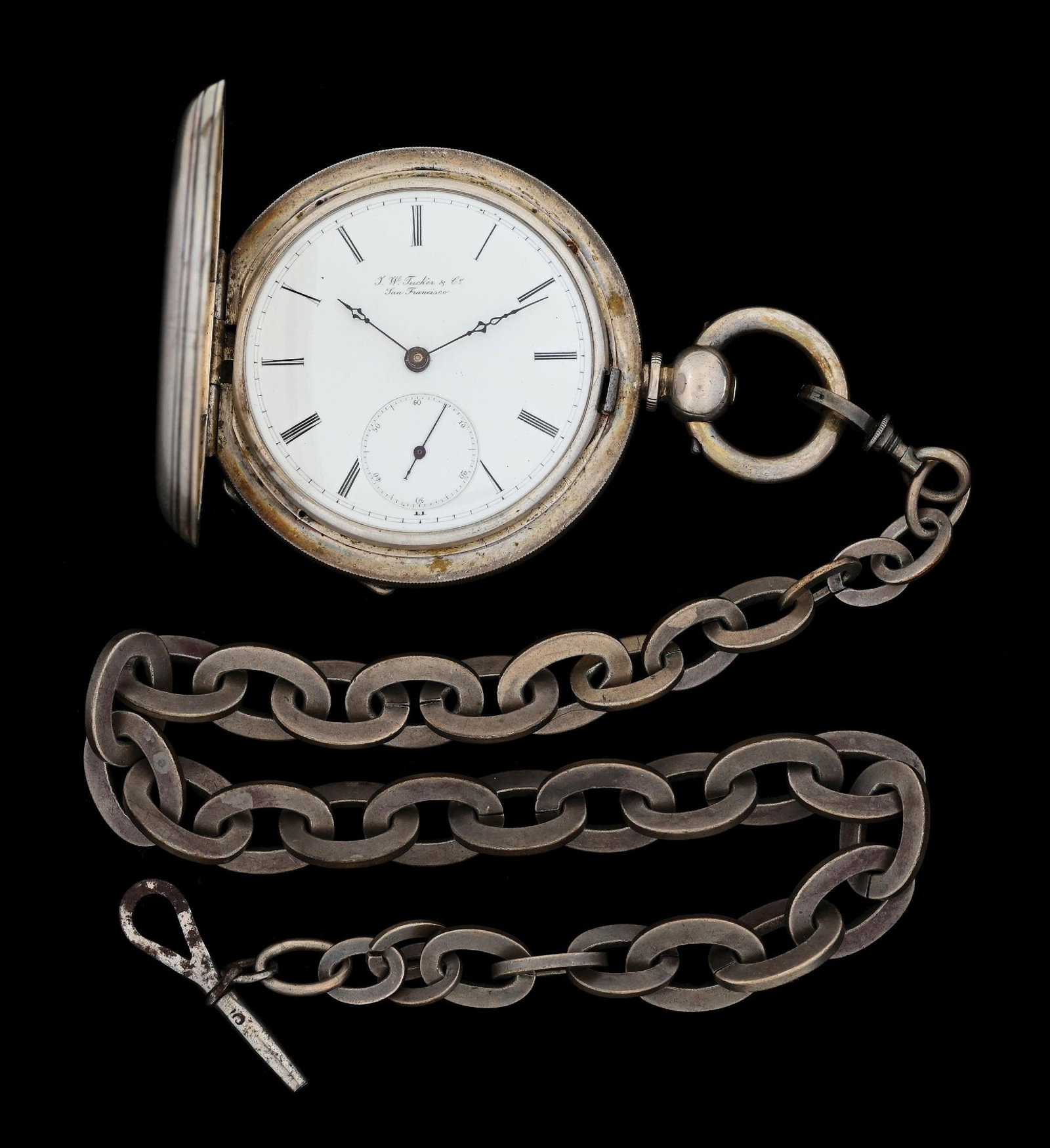 FINE SILVER WALTHAM PRIVATE LABEL H/C POCKET WATCH FOR J.W. TUCKER W/CHAIN (1 of 9)
