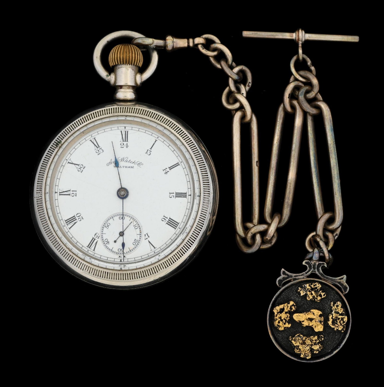 NICKEL SILVER WALTHAM O/F POCKET WATCH W/CHAIN & GOLD NUGGET FOB (1 of 3)
