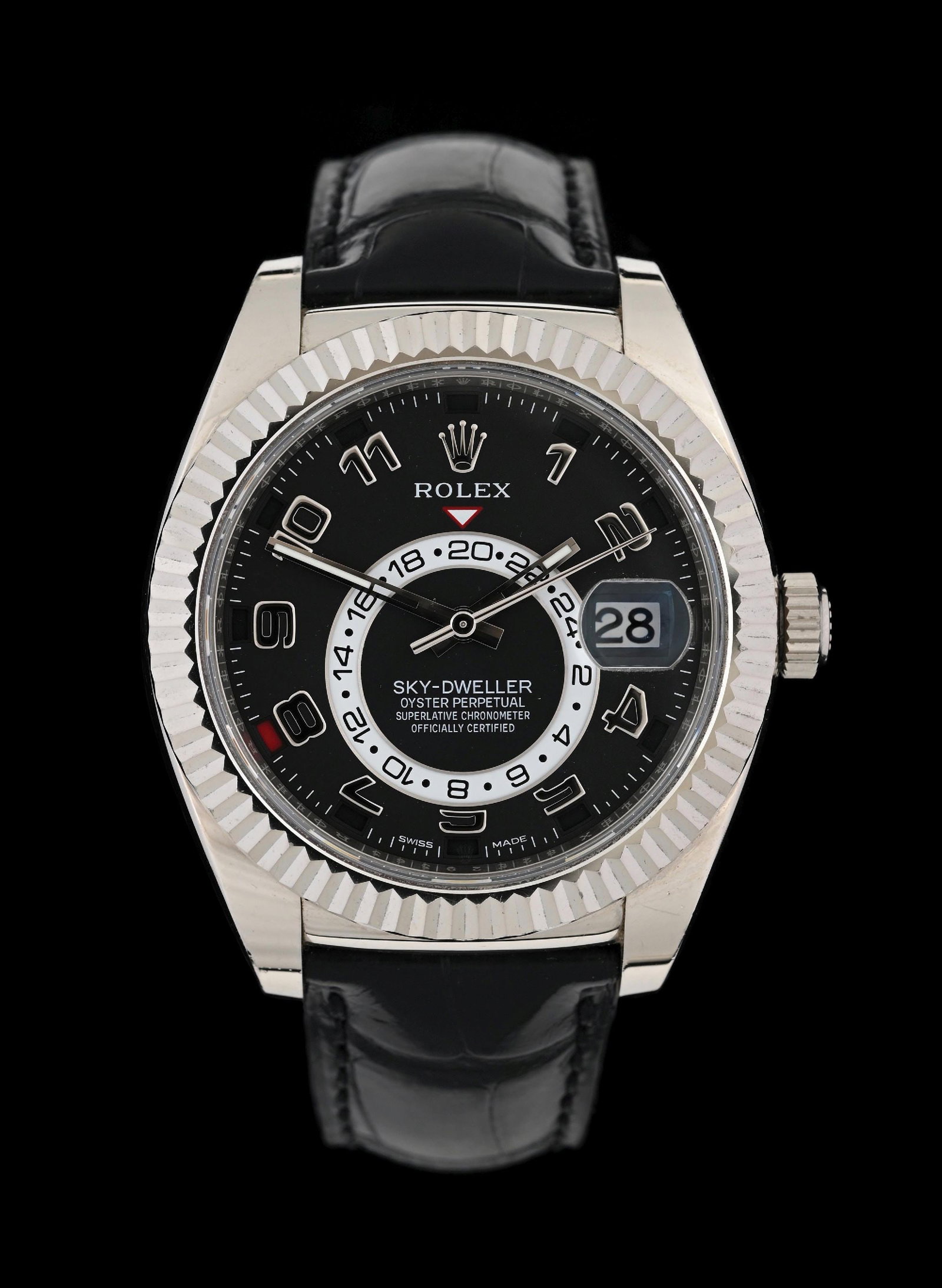 ROLEX SKY-DWELLER 42 WHITE GOLD, REF. 326139 FULL SET: Rolex Oyster Perpetual 42mm Sky-Dweller, Reference 326139, in solid 18k white gold with fluted bezel and black dial. Serial 82E29363. Original date of purchase was December 1st, 2014. Watch in unpolis