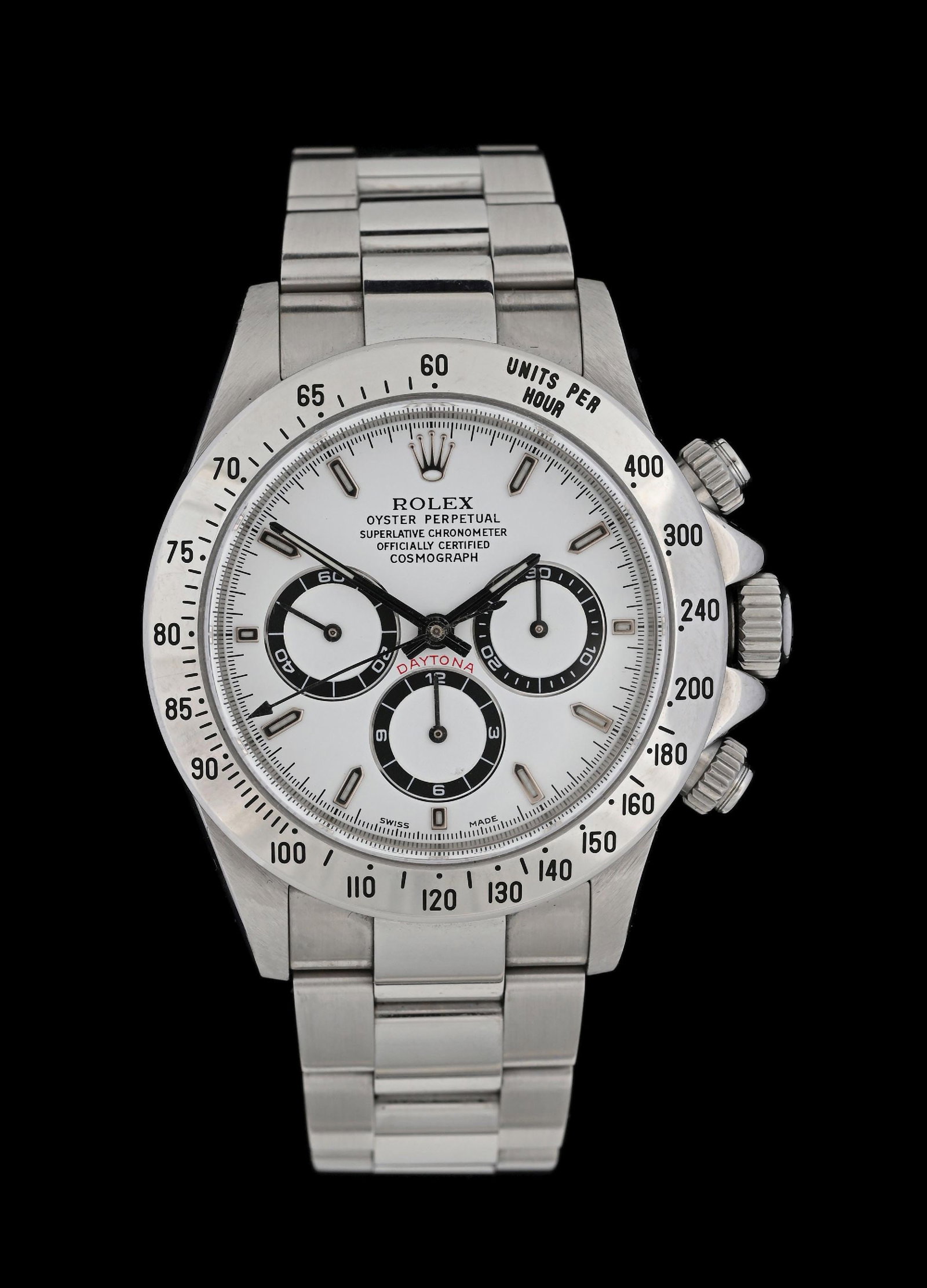 ROLEX ZENITH DAYTONA 40 WHITE REF. 16520 W/B&P: Rolex Oyster Perpetual 40mm Cosmograph Daytona Zenith, Reference 16520, in stainless steel with stainless steel bezel and white dial. Serial A462770. DOM 1999. Purchased new in November of 1999 from G