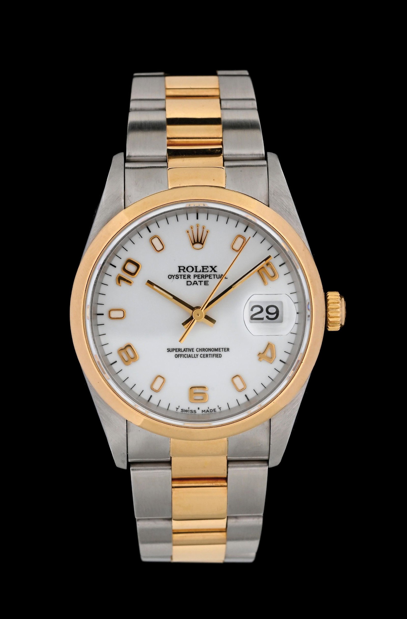 ROLEX DATE 34 WHITE 2-TONE REF. 15203 W/BOX: Rolex Oyster Perpetual 34mm Date, Reference 15203, in Oystersteel and 18k yellow gold with smooth gold bezel and white dial with alternating gold Arabic numerals and luminous hour markers. Serial U142