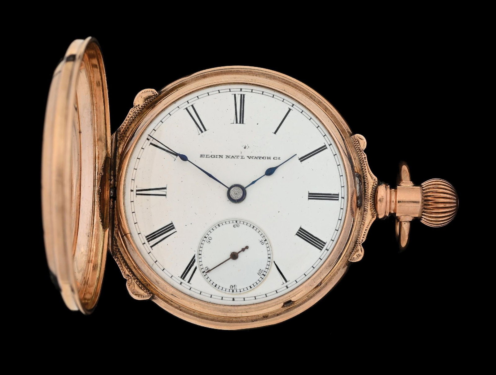 14K PINK GOLD ELGIN H/C BOX-HINGE POCKET WATCH W/GOLD-QUARTZ INLAY: 14k pink gold Elgin Grade 96 hunting cased box-hinge pocket watch with large circular natural gold-quartz inlay to back cover. Case diameter measures 53mm. Movement serial number: 1986774. Circa 1886.