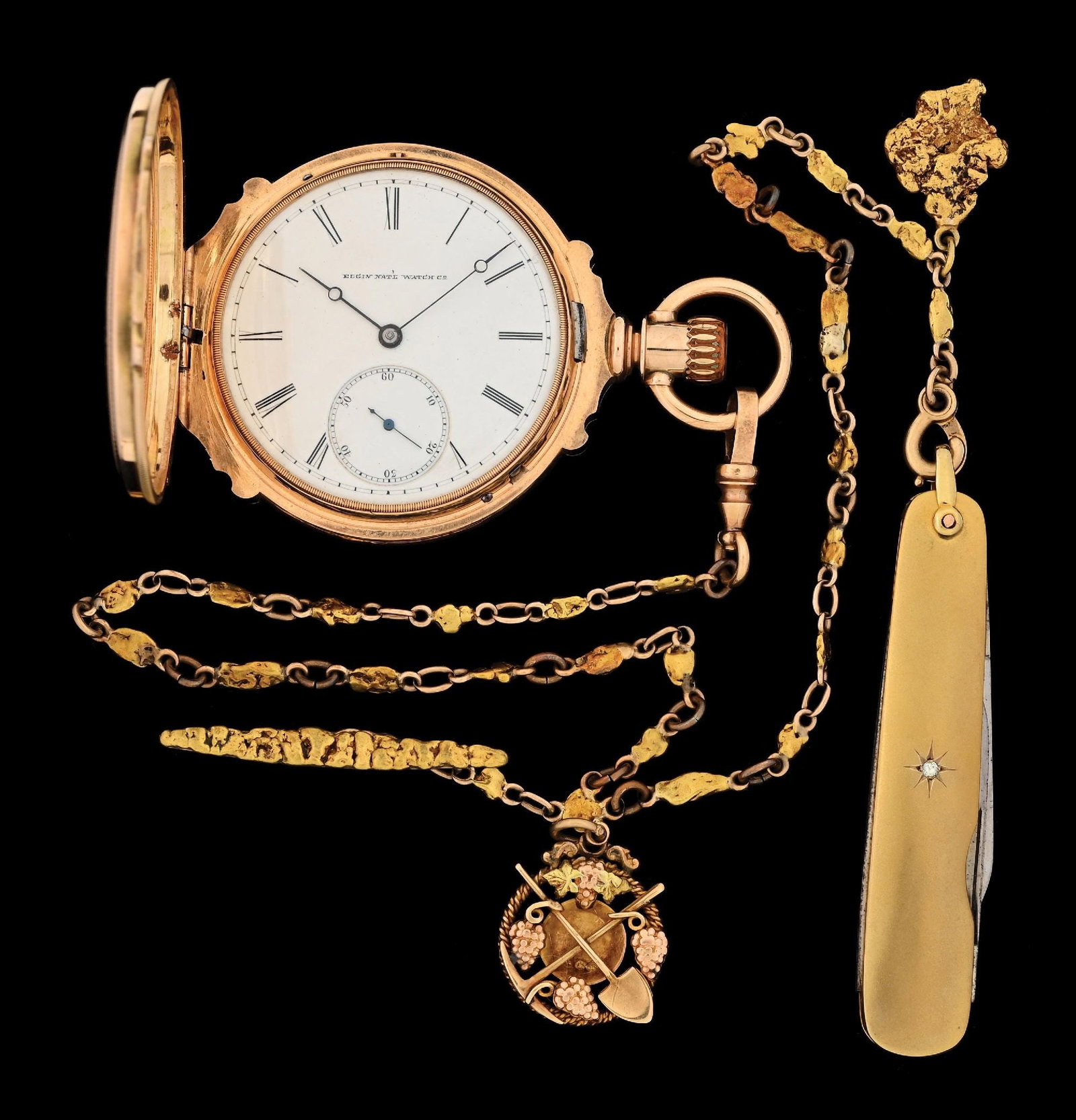 14K YELLOW GOLD ELGIN H/C BOX-HINGE POCKET WATCH W/KNIFE FOB & NUGGET CHAIN (1 of 10)