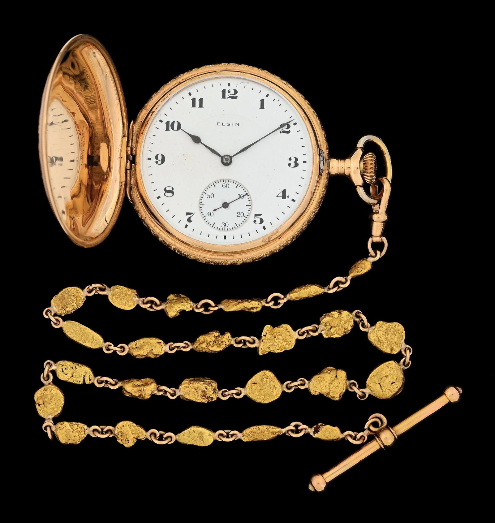 14K MULTI-COLOR GOLD ELGIN H/C POCKET WATCH W/NUGGET CHAIN (1 of 8)