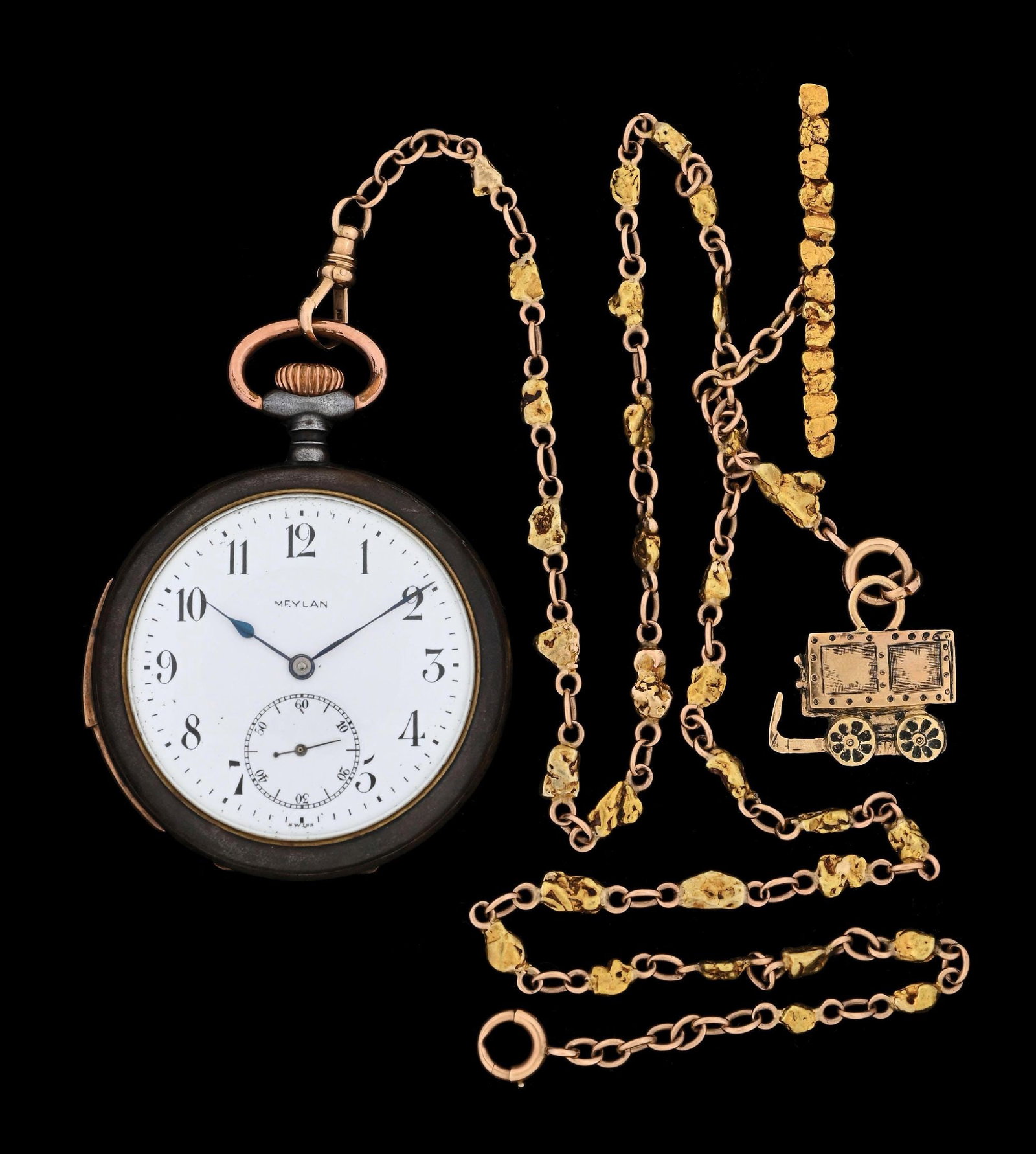 MEYLAN MINUTE REPEATER O/F POCKET WATCH W/GOLD NUGGET CHAIN: Gun metal and rose gold-filled Swiss open face minute repeating pocket watch paired with a natural gold nugget chain with 10k yellow gold findings and handmade mining cart fob. Chain marked "10K, NATI