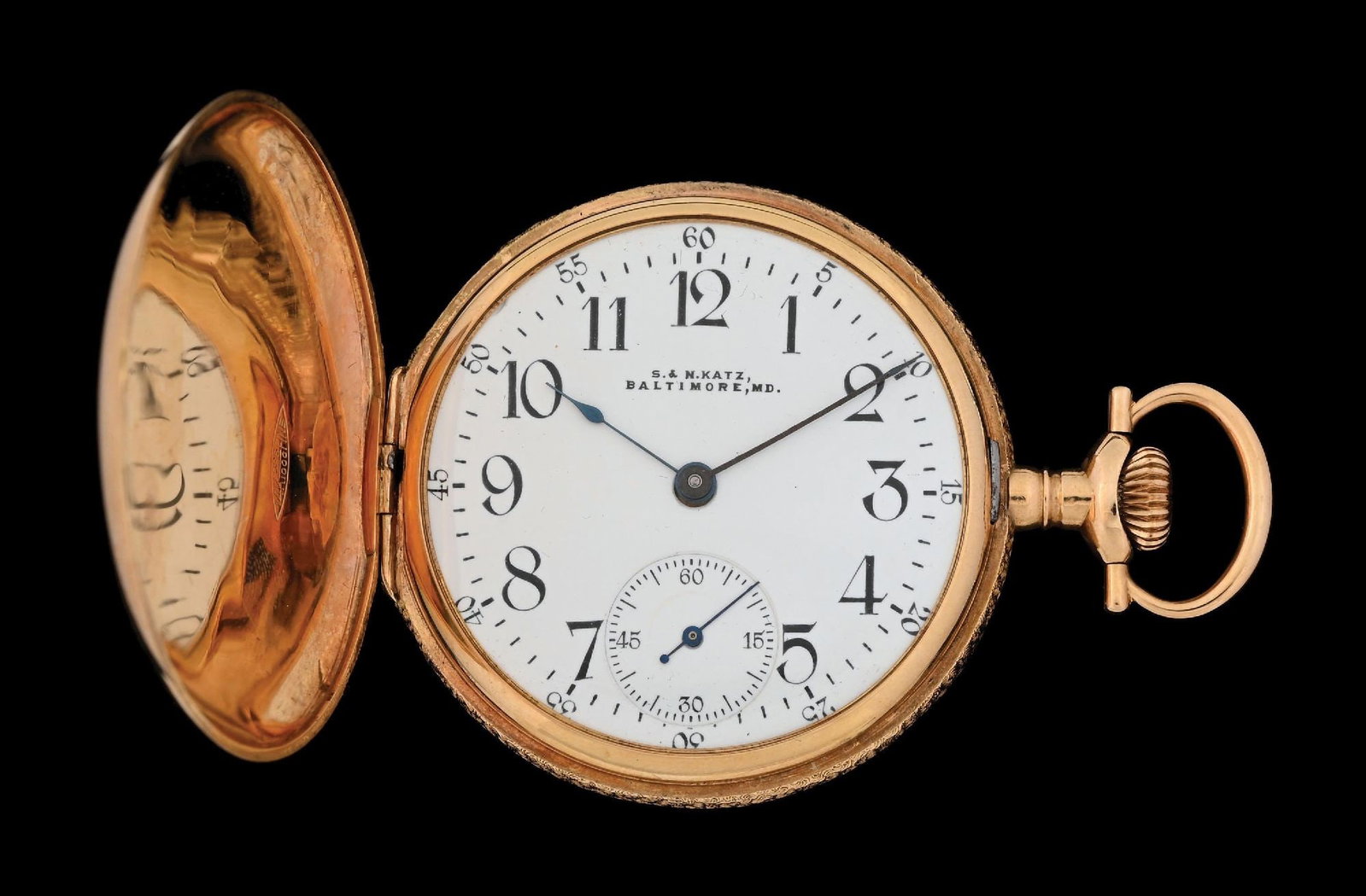 14K MULTI-COLOR GOLD PRIVATE LABEL WALTHAM H/C POCKET WATCH: 14k multi-color gold S&N Katz, Baltimore, MD (Waltham 610, Private Label) hunting cased pocket watch decorated with flowers. Case diameter measures 48mm. Movement serial number: 19502722. Circa 1914. 