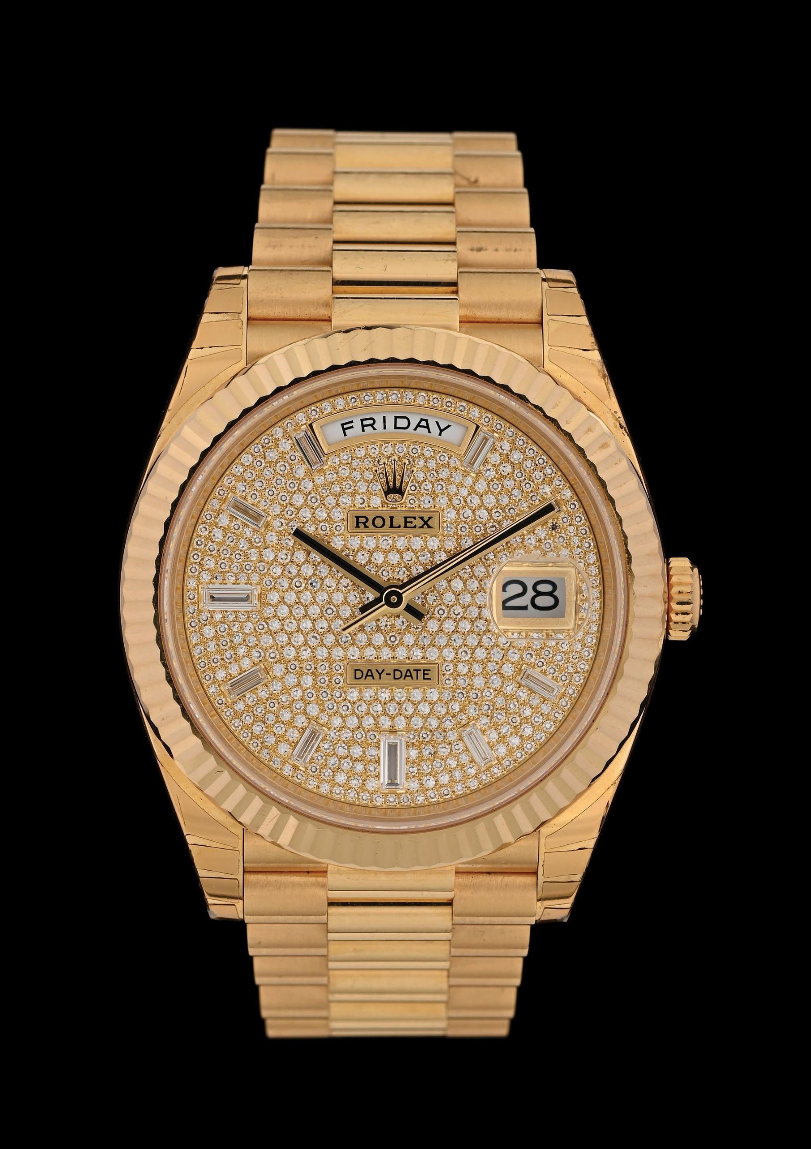 ROLEX DAY-DATE 40 GOLD PAVE DIAMOND "PRESIDENT" REF. 228238 W/BOX: Rolex Oyster Perpetual 40mm Day-Date, Reference M228238-0054, in solid 18k yellow gold with fluted bezel and factory diamond-paved dial with 10 baguette-cut diamond hour markers. Serial 4196J895. The 