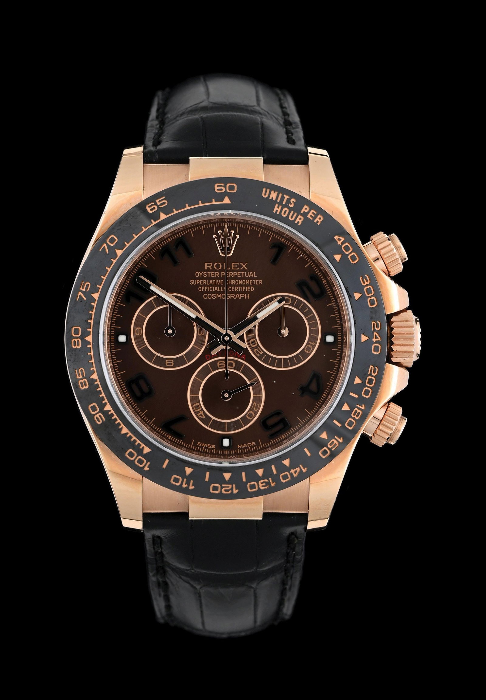 ROLEX DAYTONA 40 EVEROSE CHOCOLATE, REF. 116515LN FULL SET: Rolex Oyster Perpetual 40mm Cosmograph Daytona, Reference M116515LN-0002, in solid 18k Everose gold with black ceramic Cerachrom bezel and chocolate brown dial. Serial 373WL595. Watch in unpolished, w