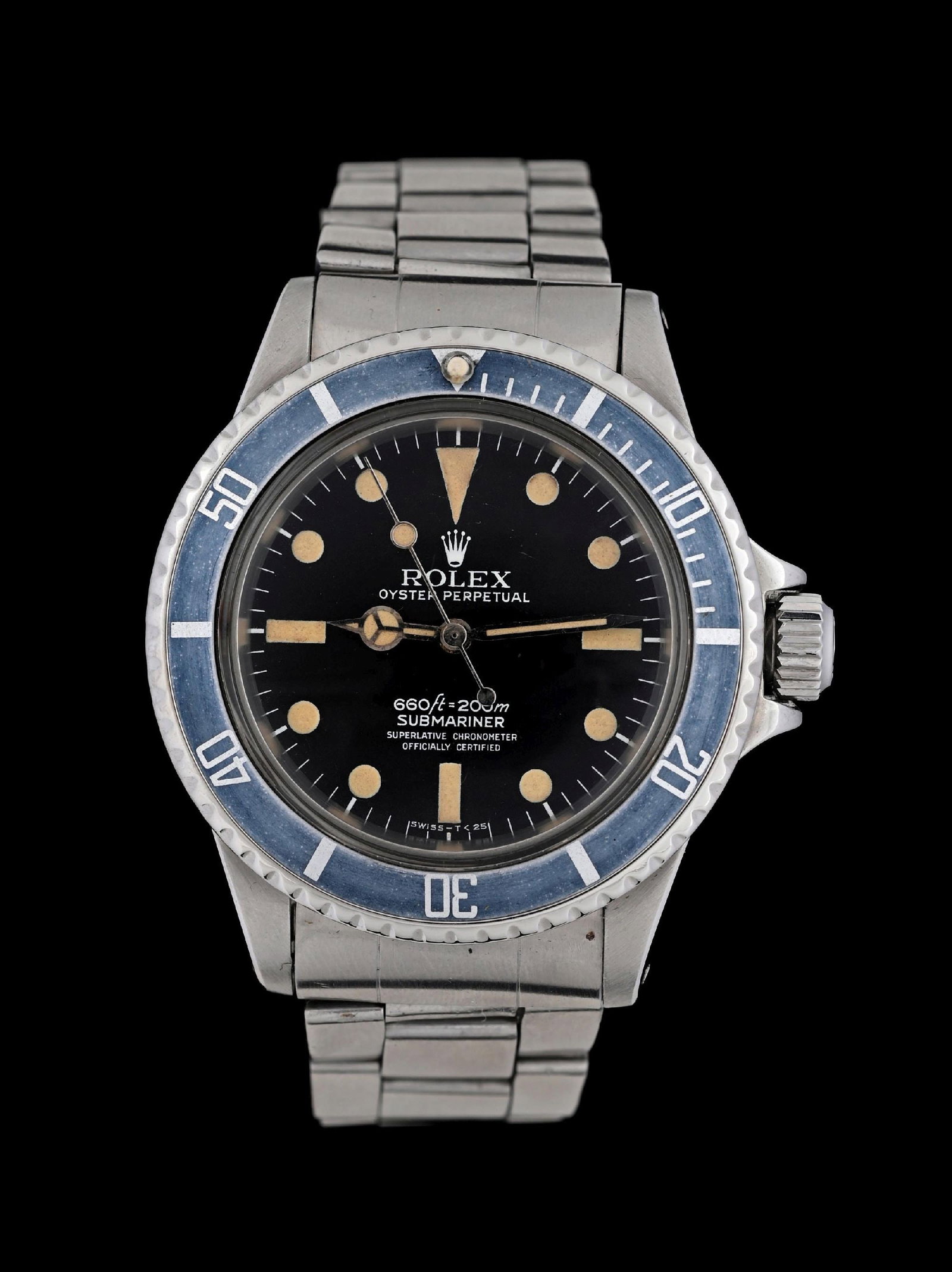 ROLEX OYSTER PERPETUAL SUBMARINER, REF. 5512 W/BOX: Rolex 40mm Oyster Perpetual "No Date" Submariner wristwatch in stainless steel with a black "SWISS-T<25" dial and aftermarket "ghost" bezel insert. Reference number 5512, serial number 24870## (C. 197