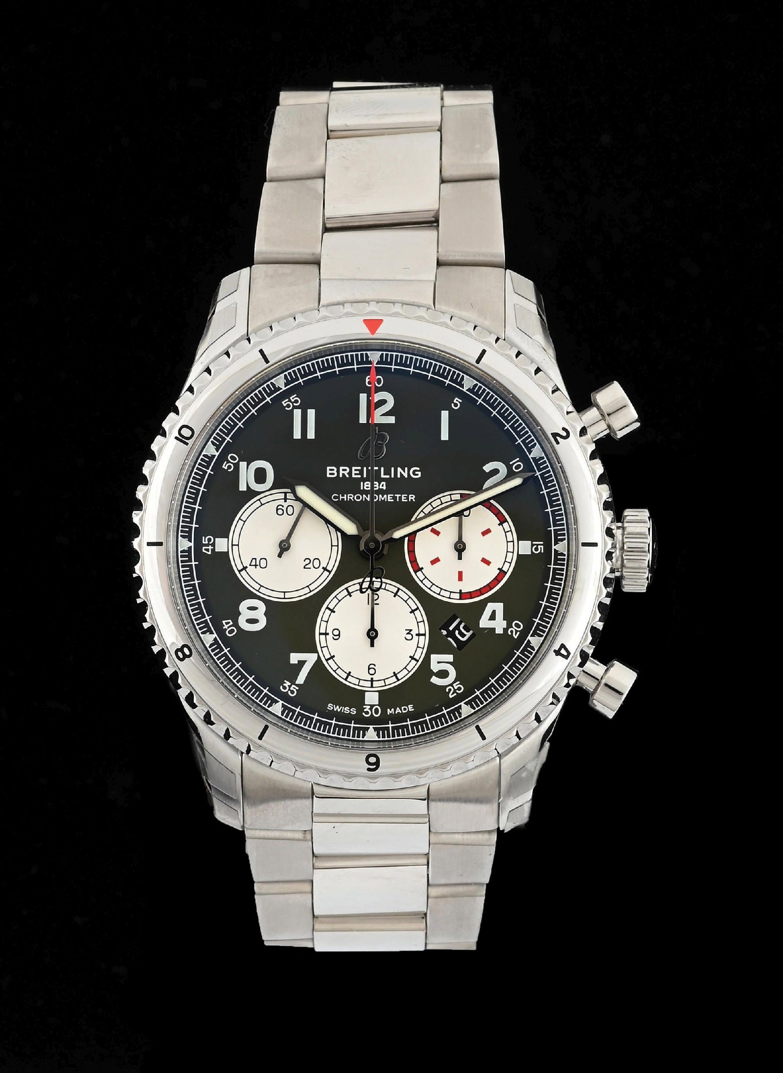 BREITLING 43MM AVIATOR 8 CURTIS WARHAWK WRISTWATCH: Men's Breitling Aviator 8 Curtis Warhawk B01 Chronograph 43mm stainless steel wrist watch with green dial. Watch is new in box with numbered card, booklet and tag. Reference No. AB01192A1L1A1. Running