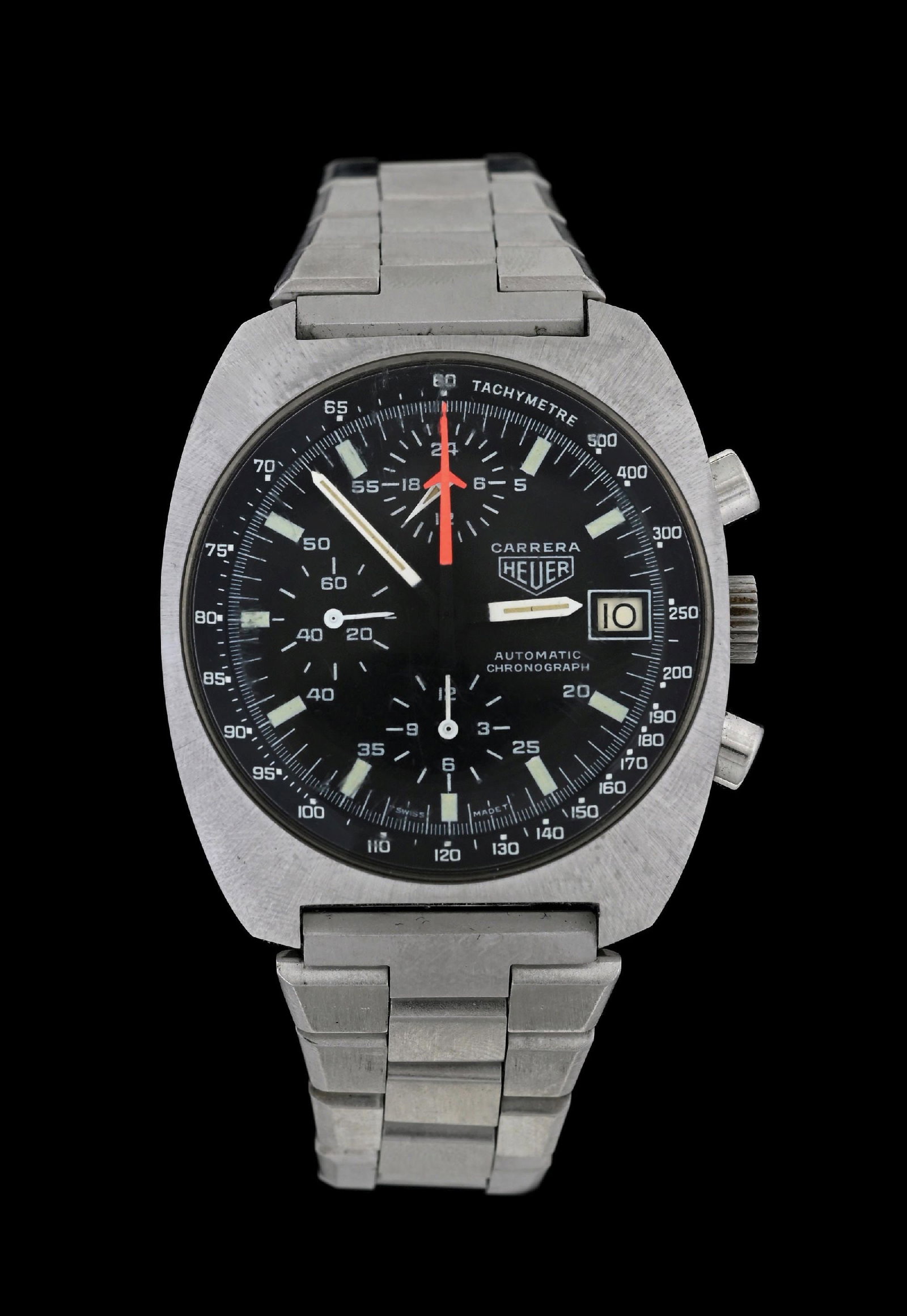 VINTAGE HEUER 38MM CARRERA LEMANIA CHRONOGRAPH STEEL WATCH: Vintage Heuer 38mm Carrera Lemania Cal. 5100 automatic self-winding chronograph wristwatch in stainless steel with original satin finish, ref. 510-523. C. 1985. Features include a triple-register blac