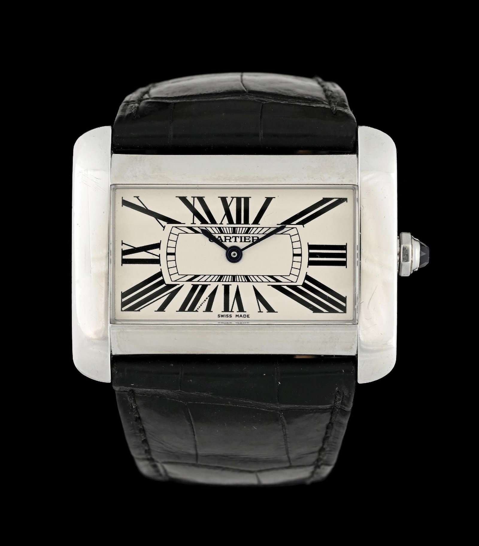 CARTIER TANK DIVAN XL STAINLESS STEEL WRISTWATCH, REF. 2600: Cartier Tank Divan XL wristwatch in stainless steel with faceted blue sapphire set in crown. Reference 2600. Case diameter measures 38mm (not including the crown). Fitted on it's original black stitch