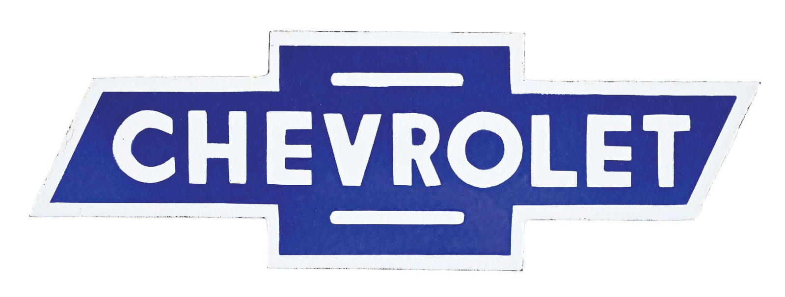 CHEVROLET AUTOMOBILES PORCELAIN BOW TIE ATTACHMENT SIGN: SSP. CONDITION: Brilliant color & gloss throughout showing no notable field wear. Outer edges are in excellent condition with attachment brace at the backside in excellent condition. A brilliant, glos