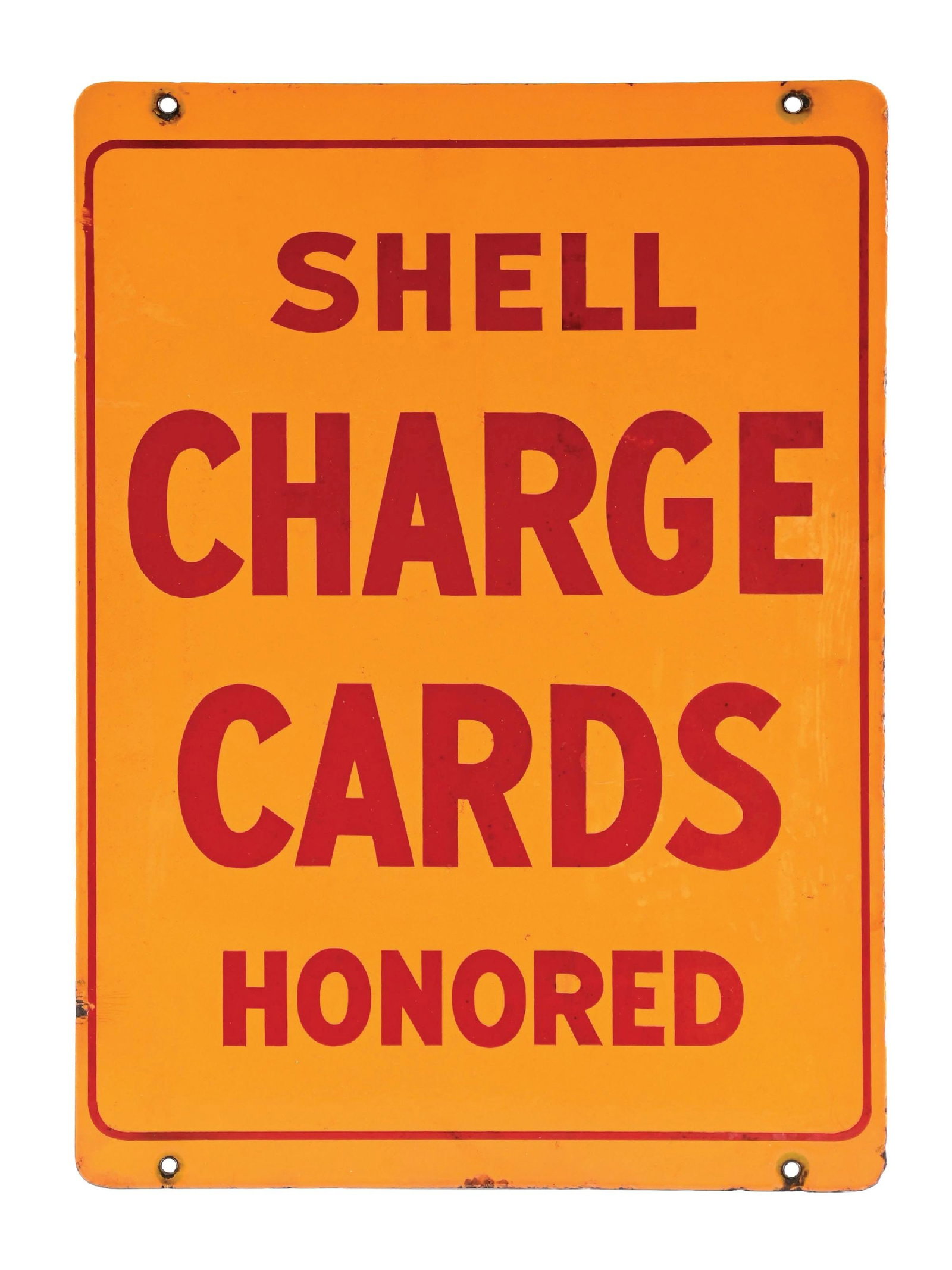 SHELL CHARGE CARDS HONORED PORCELAIN SERVICE STATION SIGN: DSP. C. 1940s. CONDITION: Sign showing excellent color throughout each side with no field chipping on either side. Sign showing some minimal areas of light surface scratches with some minimal nicks at