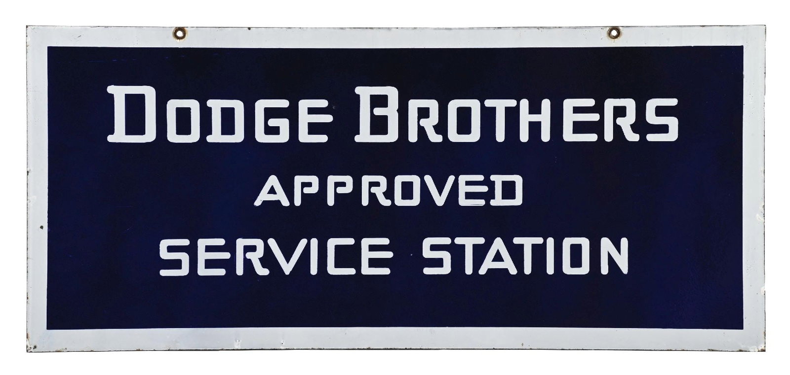 DODGE BROTHERS APPROVED SERVICE STATION PORCELAIN SIGN: DSP. C. 1920s. CONDITION: Excellent color & gloss throughout each side showing only minimal surface scratches with light areas of minimal wear. Side two showing one minor chip at the left mountain hol