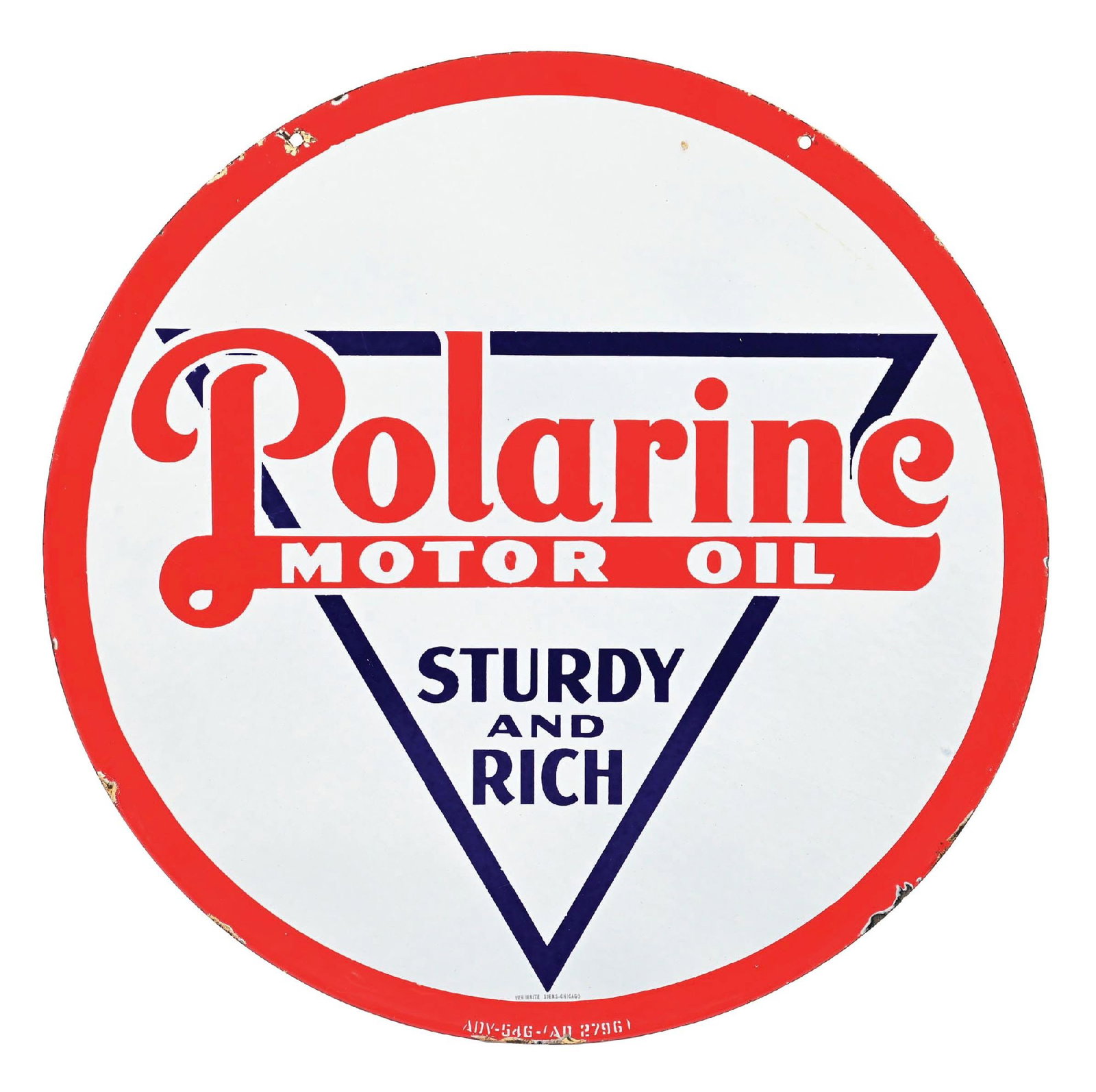 OUTSTANDING POLARINE MOTOR OIL STURDY AND RICH PORCELAIN SIGN: SSP. Maker Marked Veribrite Signs - Chicago. C. 1930s. CONDITION: Brilliant color & gloss throughout the field of each side showing no field chipping with bold red, white & blue porcelain. Minimal are