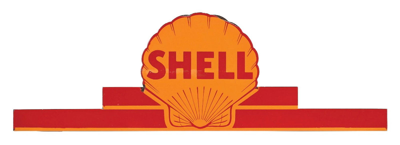 RARE SHELL MOTOR OIL DIE CUT PORCELAIN SIGN: SSP. C. 1930s. Very rare Cabinet Sign for Shell Motor Oils showing detailed Shell graphic on stair step porcelain base. CONDITION: Excellent color & gloss throughout showing no field chipping with exc