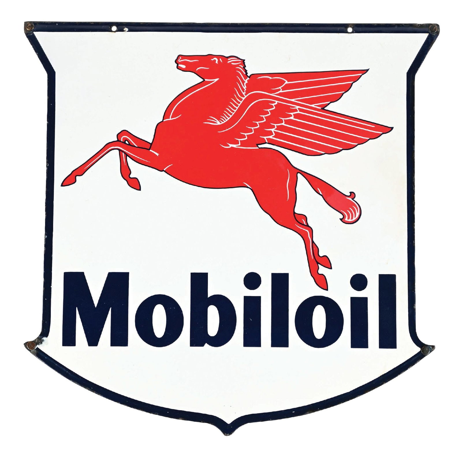 OUTSTANDING MOBILOIL "MINI" PORCELAIN SHIELD SIGN WITH PEGASUS GRAPHIC: DSP. C. 1940s. A very unique piece in an extremely rare size for Mobil showing iconic Pegasus graphic. CONDITION: Each side showing incredible color & gloss throughout with no notable field wear or ch