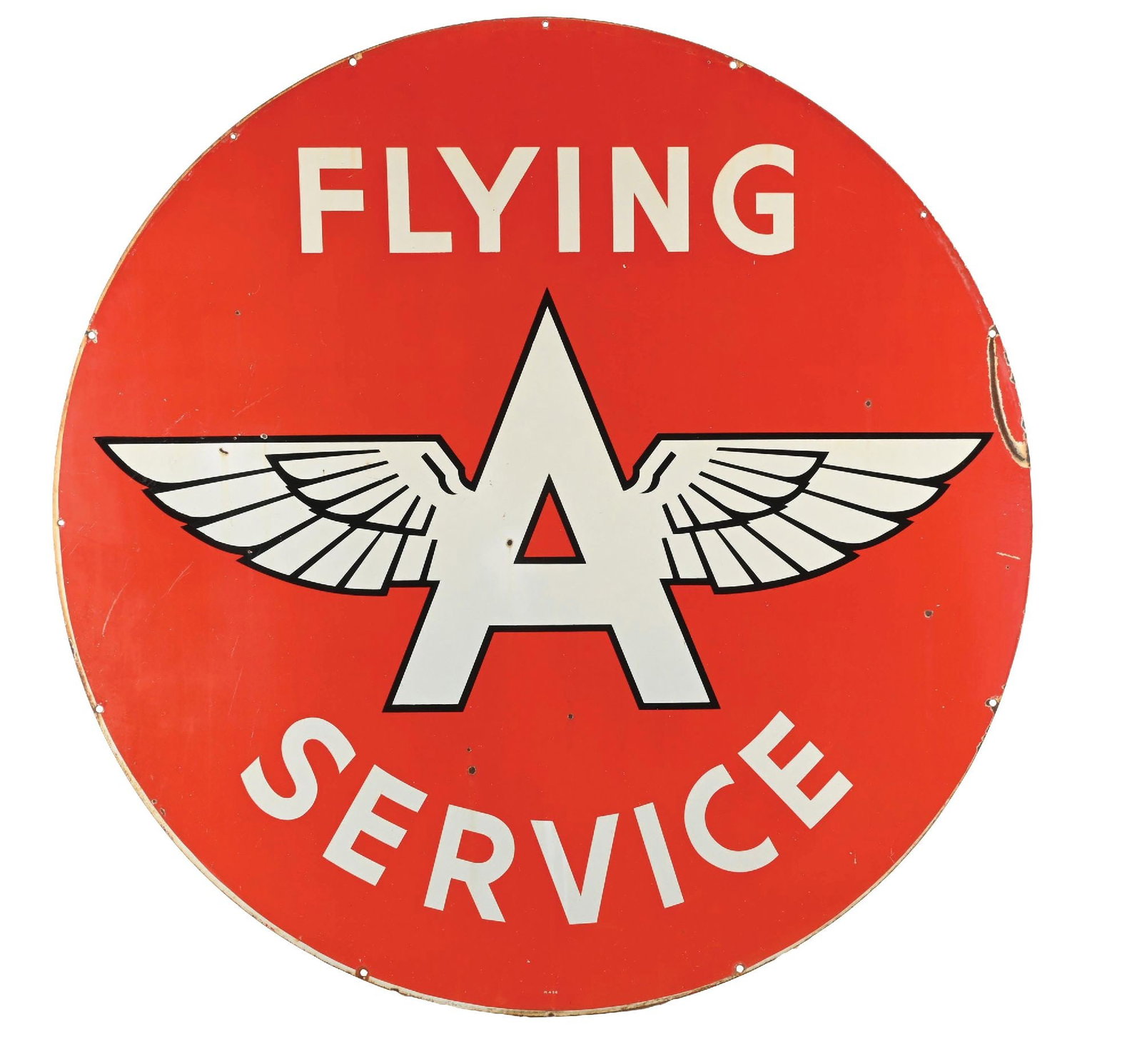 FLYING A SERVICE PORCELAIN SIGN: DSP. C. 1950s. CONDITION: Each side showing very good color & gloss with light scattered chipping in the inner & outer fields. Side two showing some minor discoloration slots to the gloss. Sign shows 