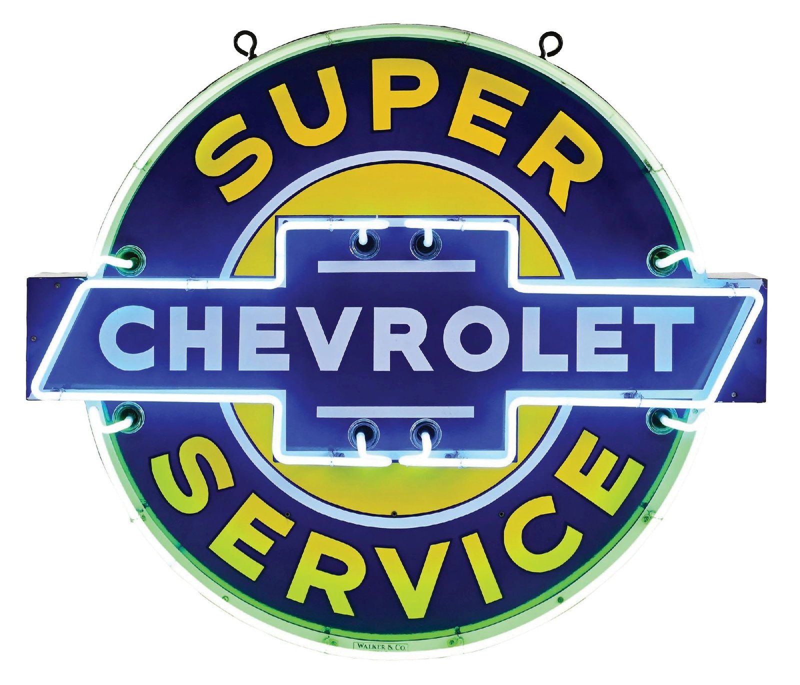 OUTSTANDING CHEVROLET SUPER SERVICE STATION PORCELAIN NEON SIGN.: SSP. Maker Marked Walker & Co., Detroit. An absolutely incredible example of this Porcelain Neon Sign for Chevrolet Super Service, in original condition free of any touch up or repair of any kind. Sig