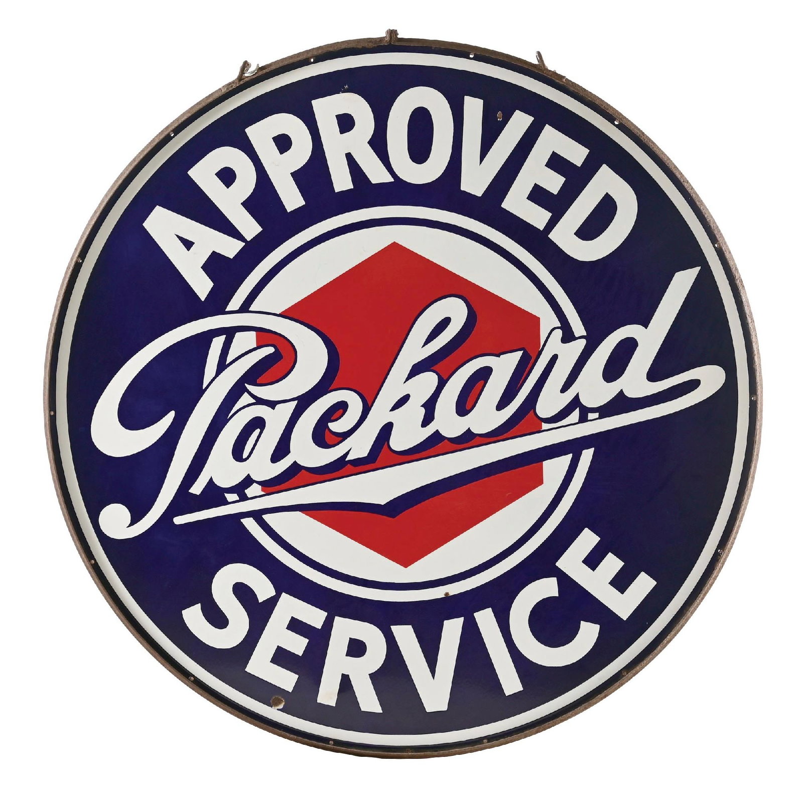 PACKARD APPROVED SERVICE PORCELAIN SIGN WITH ORIGINAL METAL RING: DSP. Maker Marked Burdick. An excellent example of this iconic piece from Packard. CONDITION: Side one showing excellent color & gloss with only four small chips in the outer fields with excellent con
