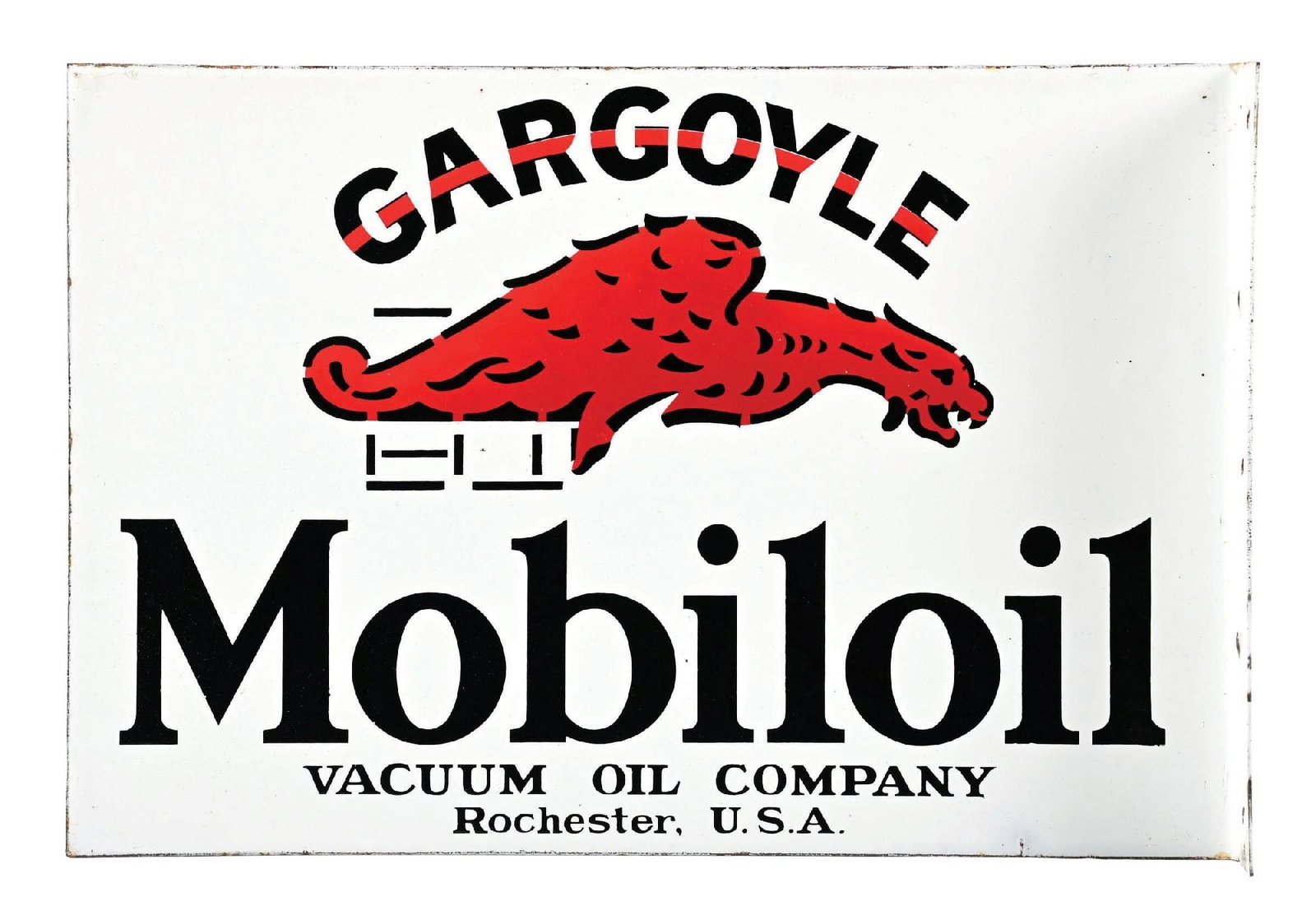 OUTSTANDING GARGOYLE MOBILOIL PORCELAIN FLANGE SIGN: DSP. C. 1920s. An incredibly clean example of this iconic piece from Mobil with a unique and seldom see variation of "Vacuum Oil Company Rochester U.S.A." at the bottom edge. CONDITION: Each side show