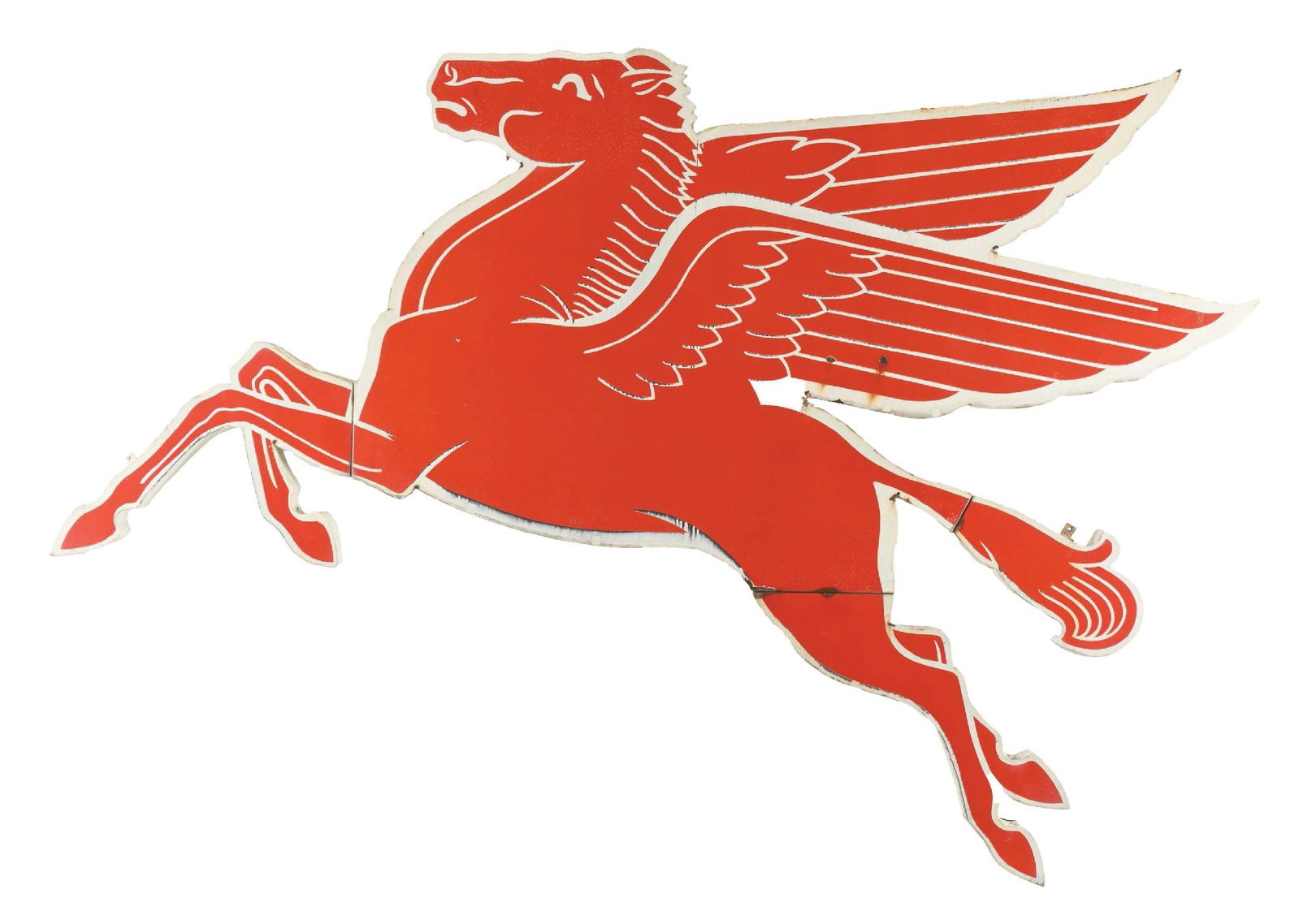 MOBIL PEGASUS PORCELAIN COOKIE CUTTER SIGN.: SSP. C. 1950s. CONDITION: Showing very good color & gloss throughout the red with minor areas of field chipping. Showing moderate discoloration to the white porcelain with minor areas of chipping alon