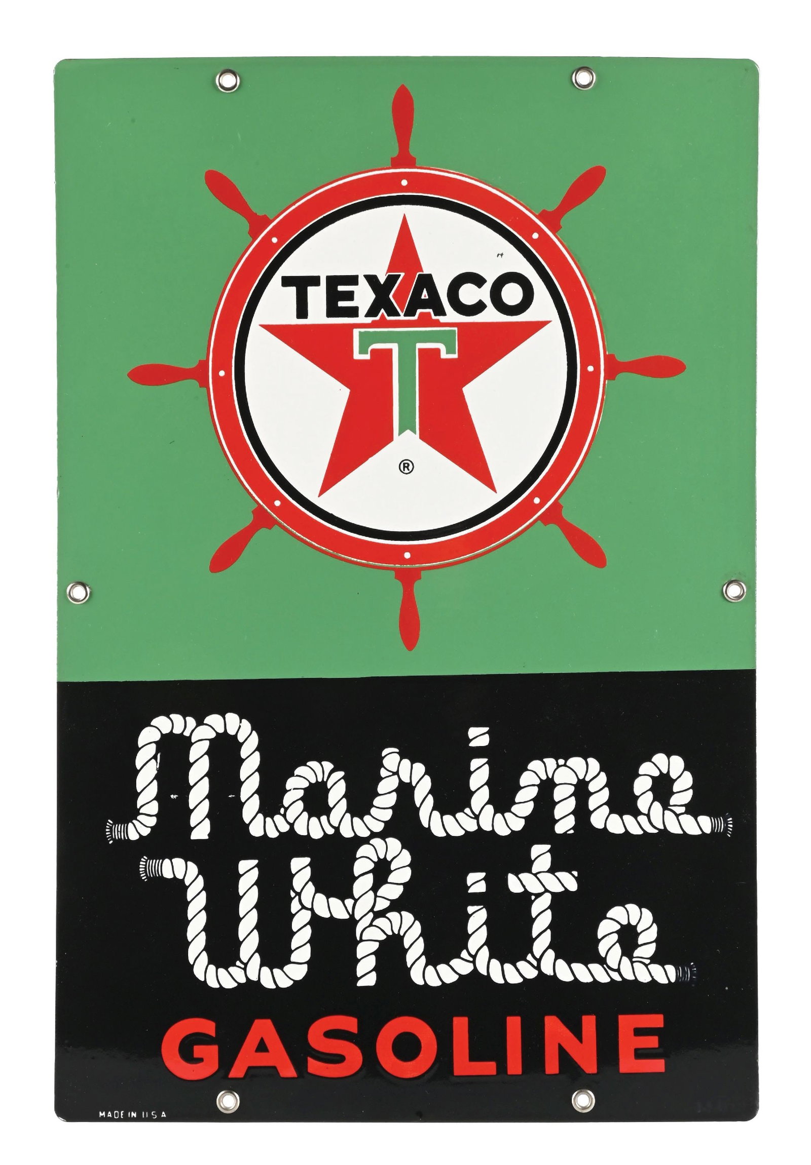 TEXACO MARINE WHITE GASOLINE PORCELAIN PUMP PLATE SIGN: SSP. CONDITION: Brilliant color & gloss throughout, appearing NOS, showing outstanding color & gloss with no notable field wear. Excellent condition mounting holes showing all original grommets intact