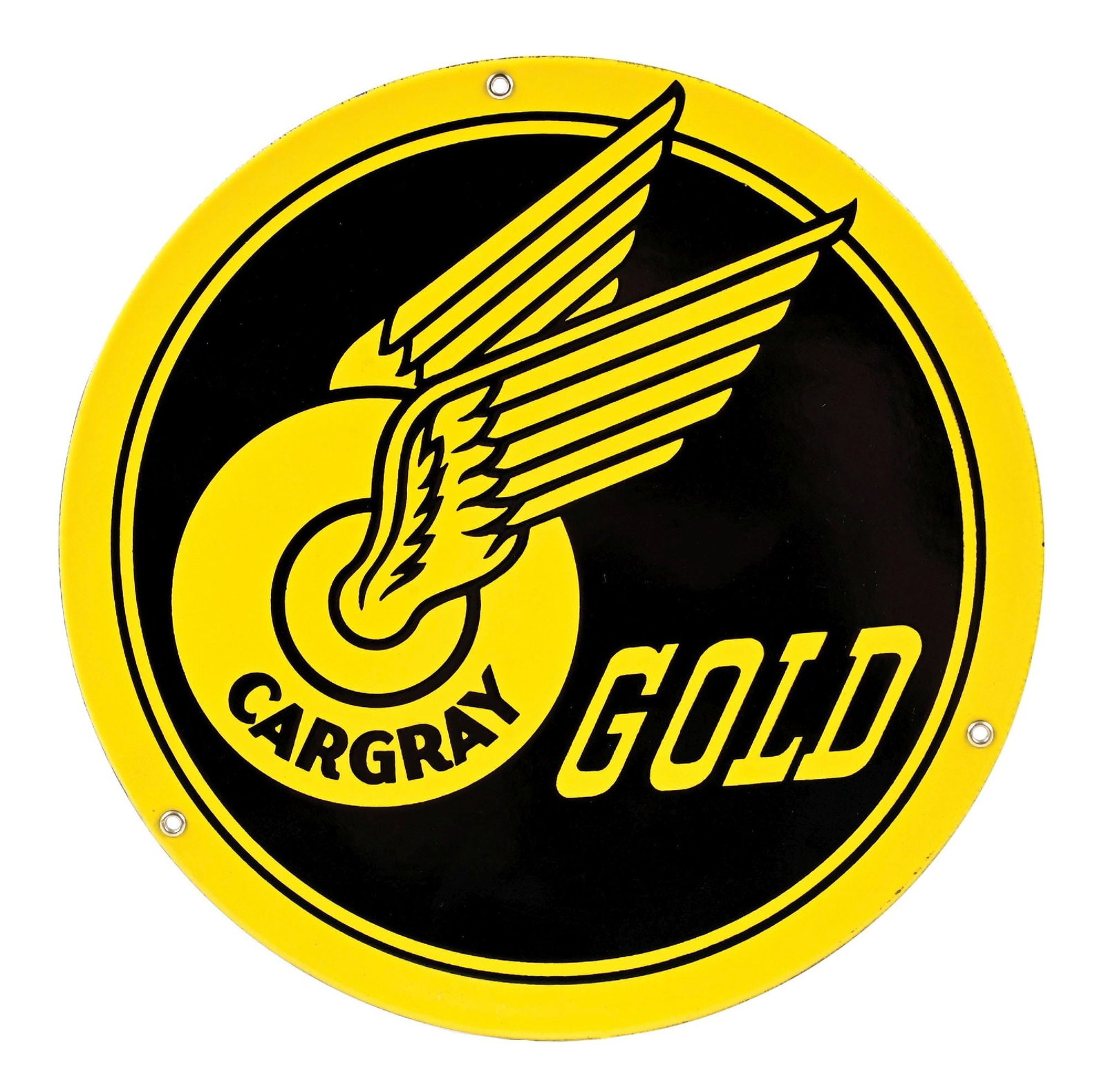 N.O.S. CARGRAY GOLD GASOLINE PORCELAIN PUMP PLATE SIGN: SSP. C. 1940s. Maker Marked Veribrite. Calgary Oil Co., Amarillo, Texas. CONDITION: Found NOS showing brilliant color & gloss with no notable field wear whatsoever. Mounting holes are immaculate with 