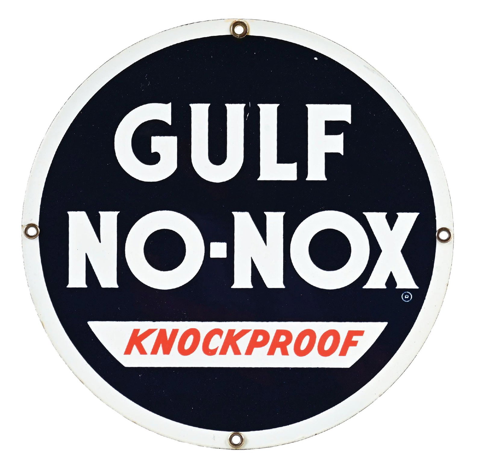 GULF NO-NOX KNOCKPROOF GASOLINE PORCELAIN PUMP PLATE SIGN: SSP. C. 1940s. CONDITION: Brilliant color & gloss throughout, showing no field chipping. All four original grommets intact with excellent condition mounting holes. Sign shows a practically immaculate 