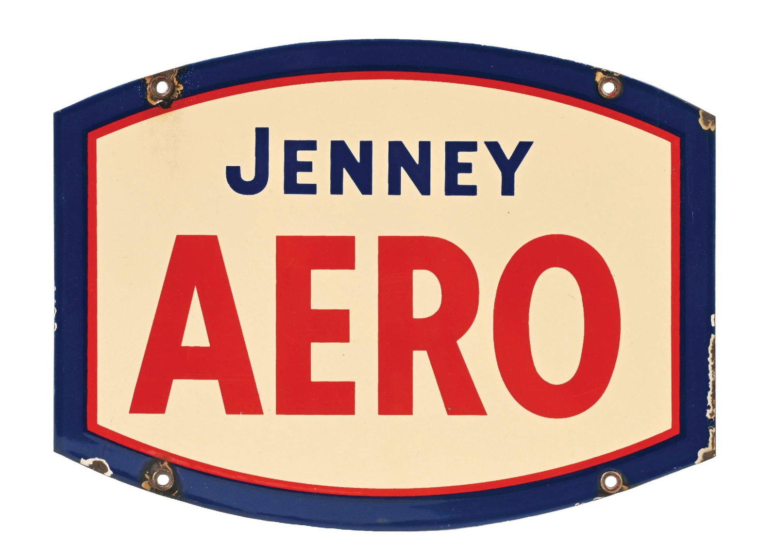 JENNEY AERO GASOLINE PORCELAIN PUMP PLATE SIGN: SSP. CONDITION: Excellent color & gloss throughout the field showing minor surface scratches. Mounting holes showing all original grommets with light nicks as well as some minor chips along the outer 