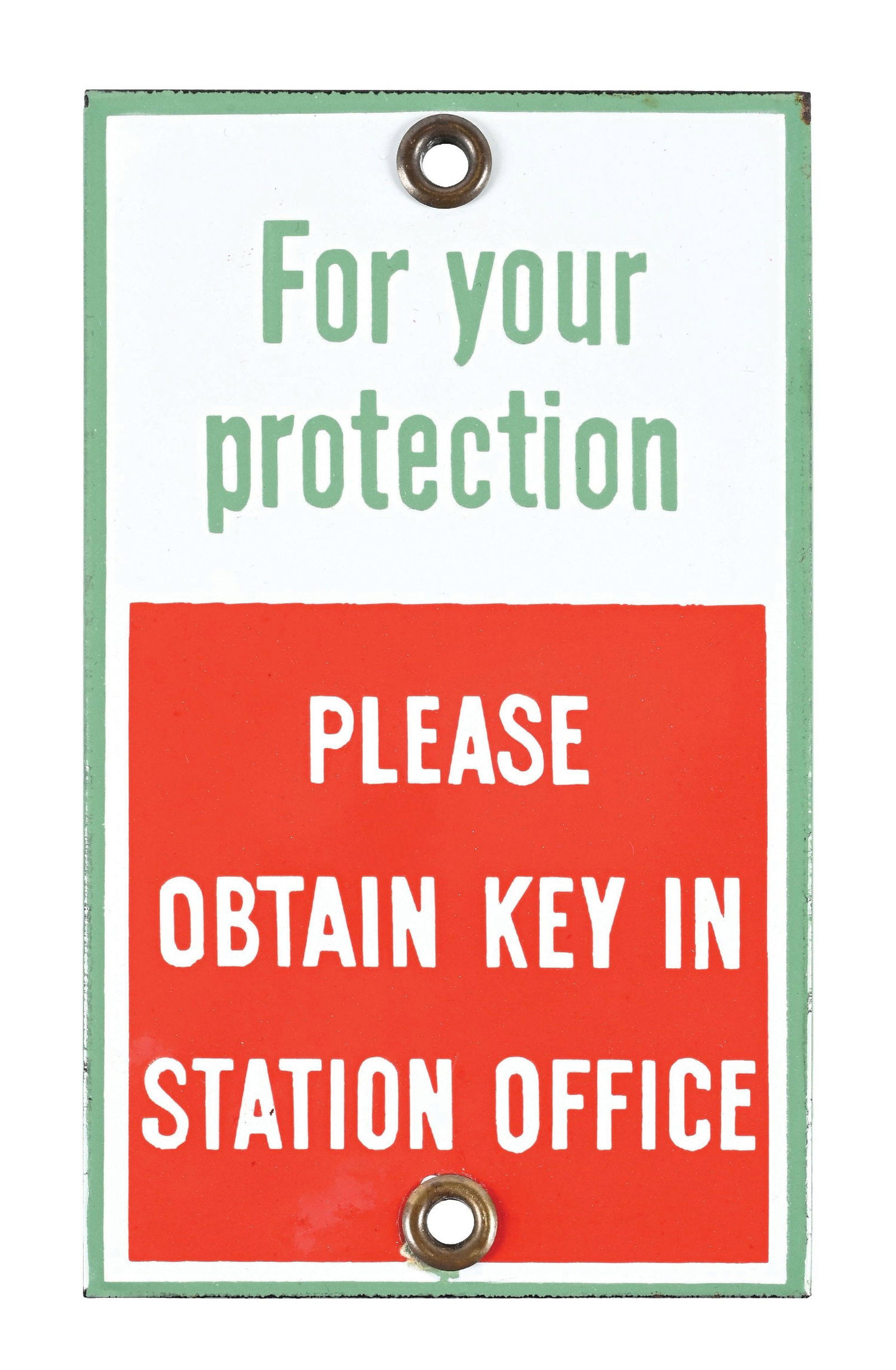 ASSOCIATED FOR YOUR PROTECTION PLEASE OBTAIN KEY IN STATION OFFICE PORCELAIN SIGN (1 of 2)