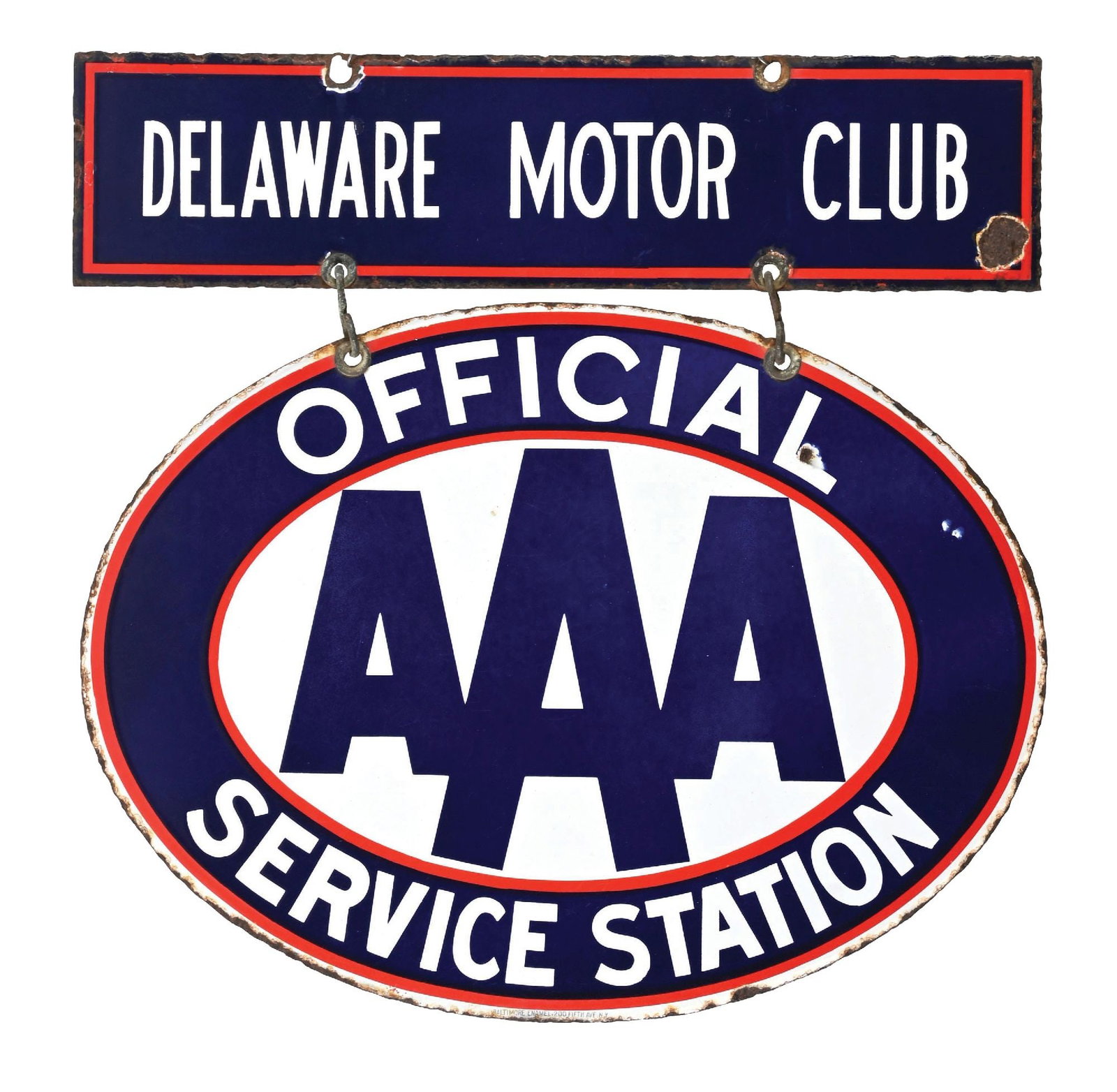 AUTO CLUB DELAWARE MOTOR CLUB OFFICIAL SERVICE STATION 2-PIECE ORCELAIN SIGN: DSP. C. 1930s. Marked Baltimore Enamel. CONDITION: Each side showing good color & gloss with minor field chips as well as some moderate surface scratching. Moderate chipping at the outer edges and mon