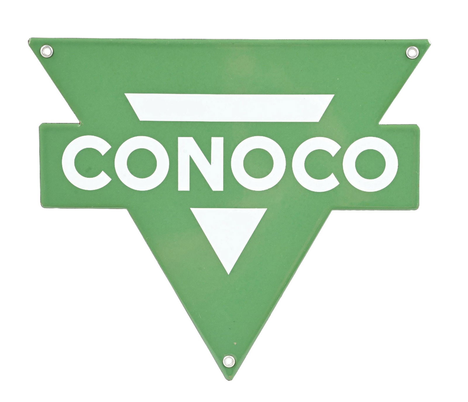 CONOCO GASOLINE DIE-CUT PORCELAIN PUMP PLATE SIGN: SSP. C. 1940s. CONDITION: Sign is in brilliant NOS condition, showing outstanding color & gloss with no notable wear. Mounting holes are in excellent condition showing all of their original grommets. 