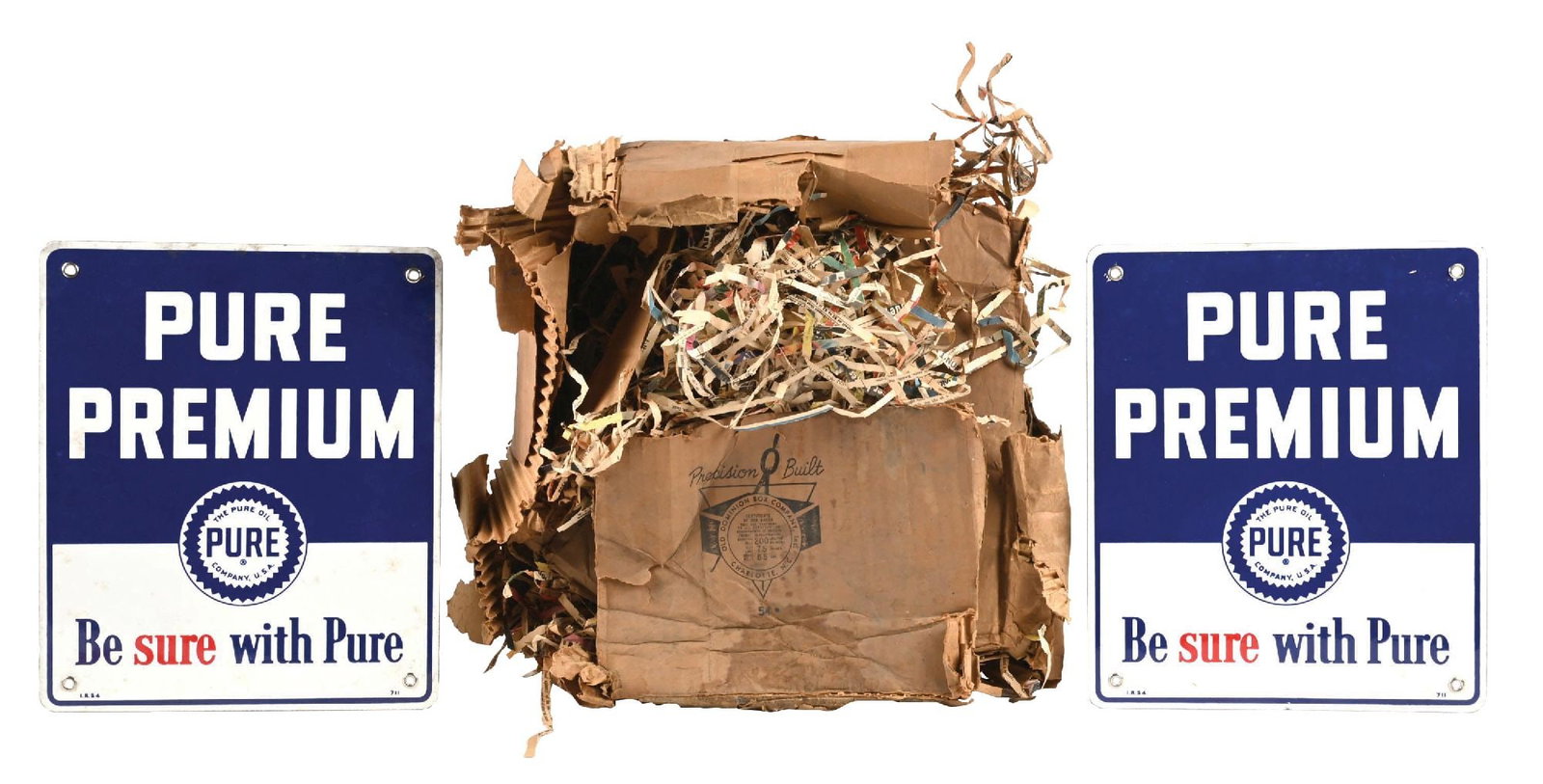 COLLECTION OF 2: PURE PREMIUM "BE SURE WITH PURE" PORCELAIN PUMP PLATE SIGNS W/ CARDBOARD BOX.: SSP. Each Maker Marked Ingram Richardson & Dated 1954. Lot comes with cardboard box pump plates were found in. CONDITION: Each in outstanding n.o.s condition showing little to no wear. One of the plat