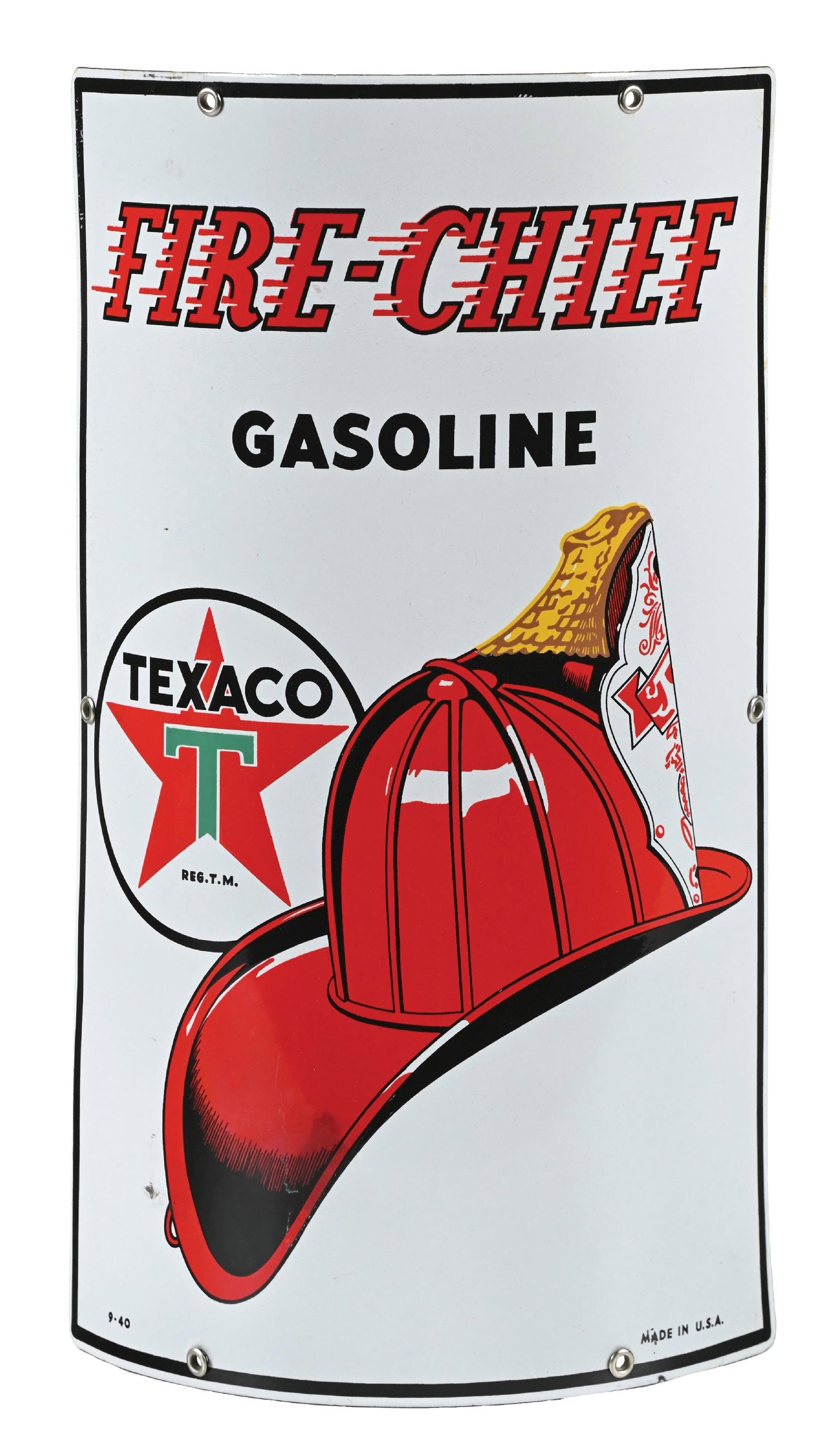 TEXACO FIRE-CHIEF GASOLINE CURVED PORCELAIN PUMP PLATE SIGN: SSP. Dated 1940. CONDITION: Outstanding color & gloss throughout, showing minimal surface wear in the lower field, graphic and script in excellent condition. Mounting holes and outer edges in excellen