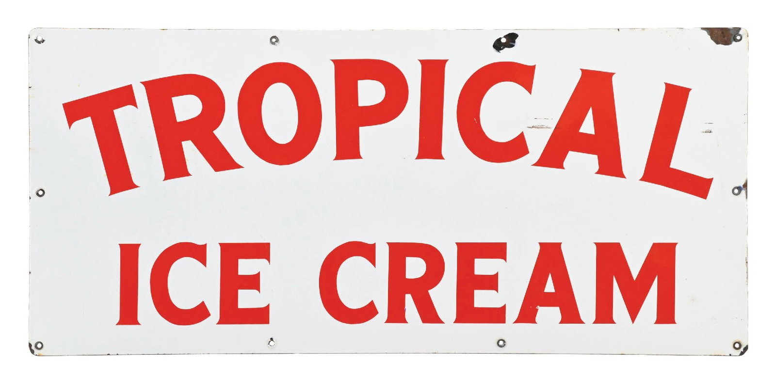 TROPICAL ICE CREAM PORCELAIN SIGN: SSP. C. 1950s. CODNITION: Excellent color & gloss throughout the field, showing no field chips and only a couple of small surface scratches & nicks. Chipping at the upper mounting holes and along the 