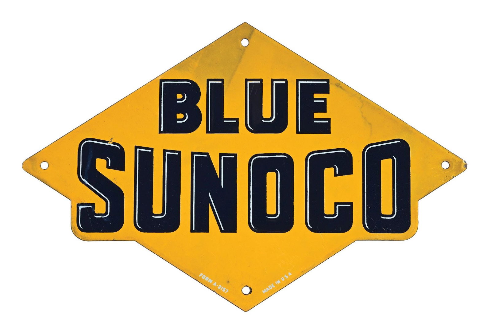 BLUE SUNOCO GASOLINE PORCELAIN PUMP PLATE SIGN: SSP. C. 1940s. CONDITION: Bright color throughout with one small nick above the "S" of Sunoco. Areas of staining near the upper edge with light edge and mounting hole wear. Condition: (8.75). Dimensio