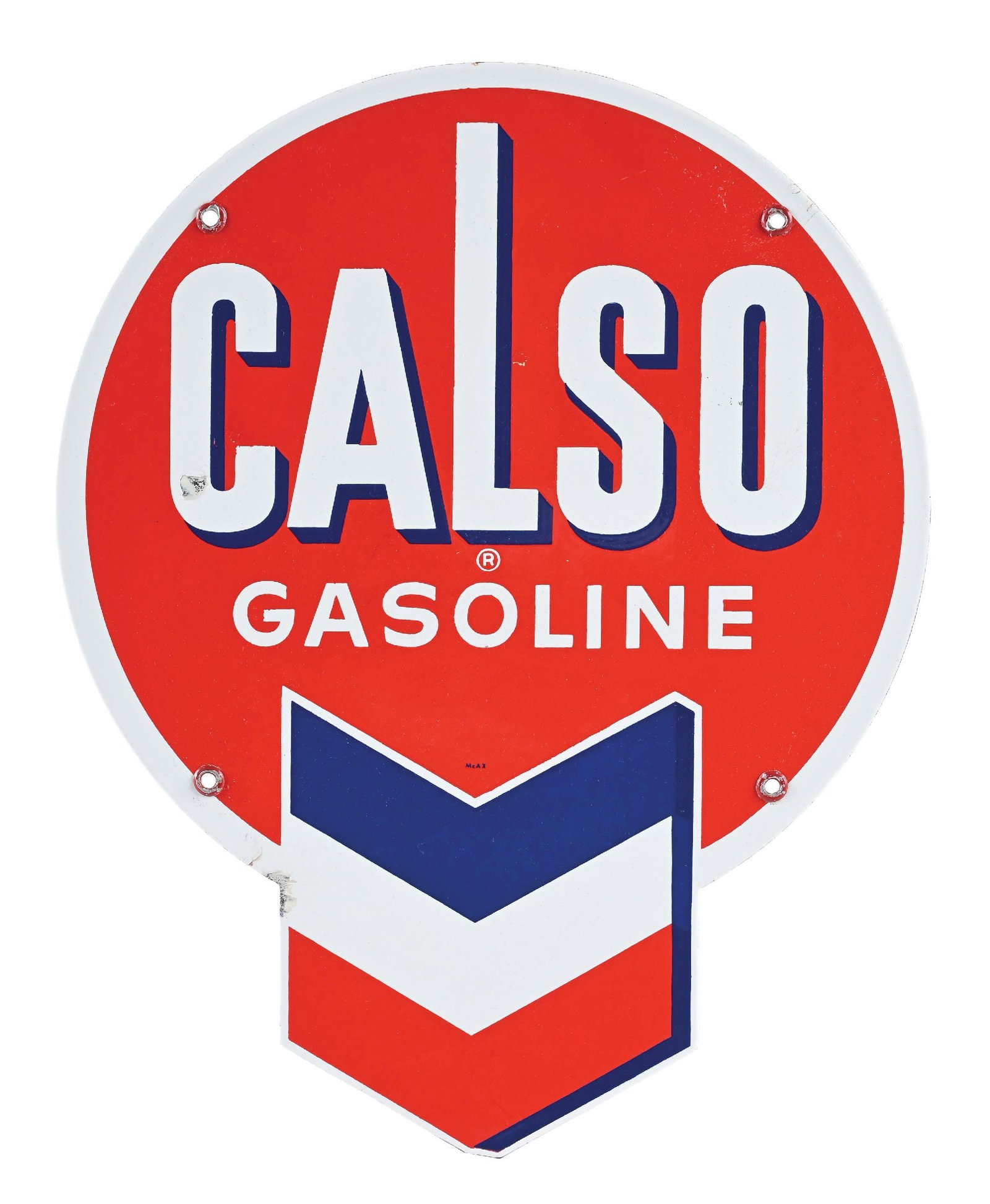 CALSO GASOLINE PORCELAIN PUMP PLATE SIGN: SSP. C. 1950s. Maker Marked McAx. CONDITION: Bright color & gloss throughout, showing minor wax paper markings in the lower field with one chip at the "C" of "Calso". Light mounting hole wear with min