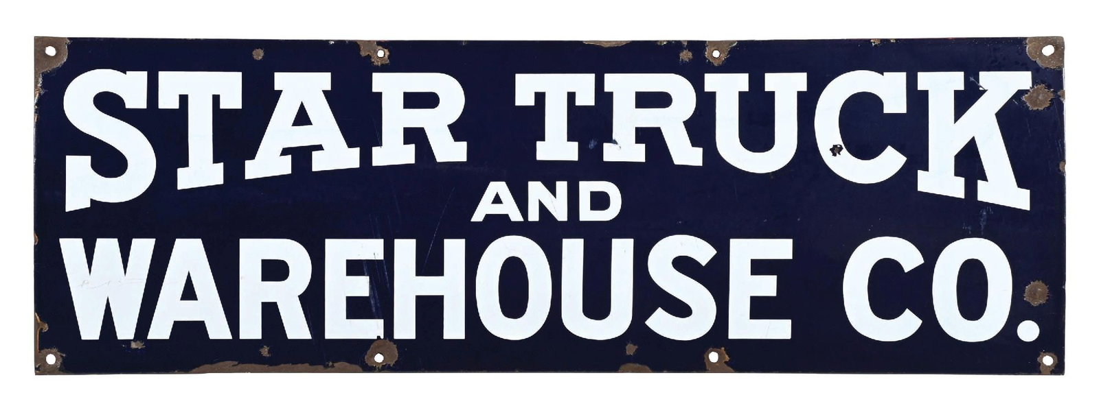 STAR TRUCK AND WAREHOUSE CO. PORCELAIN SIGN: SSP. C. 1940s. CONDITION: Very good color & gloss throughout, showing minor surface scratches as well as some cloudiness in the gloss. Moderate chipping along the outer edges. Condition: (7.75). Dimen