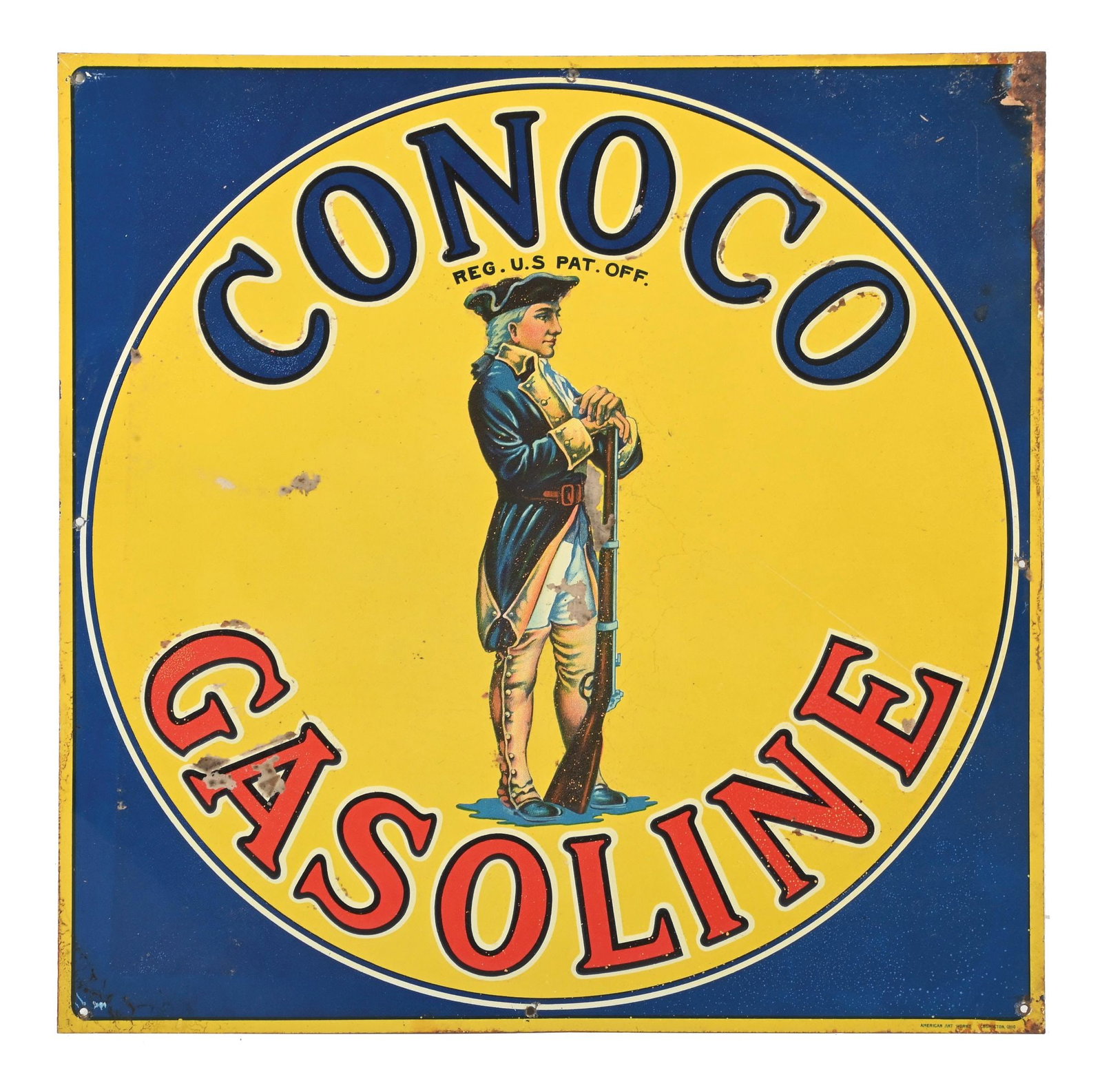 CONOCO GASOLINE EMBOSSED TIN PLATE SIGN WITH MINUTEMAN GRAPHIC: SST. C. 1930s. Maker Marked American Art Works, Coshocton, Ohio. CONDITION: Found NOS in paper showing very good color throughout, with areas of paper remnants still intact. Minor discoloration in the