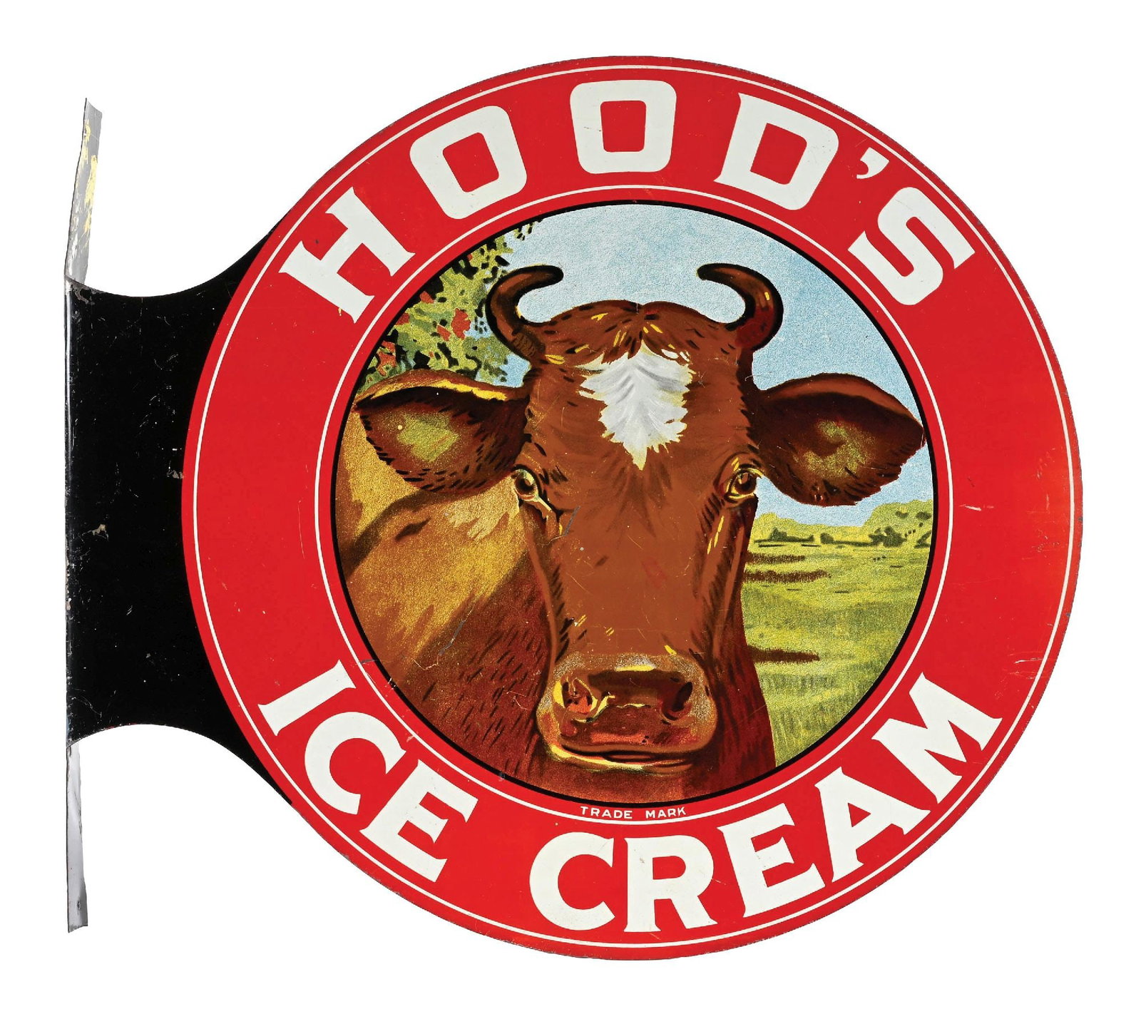 HOOD'S ICE CREAM TIN FLANGE SIGN W/ COW GRAPHIC.: DST. C. 1930s. An excellent example of this iconic piece of advertising from Hood's featuring tin-litho cow graphics on each side. CONDITION: Each side showing excellent color & gloss with minor areas