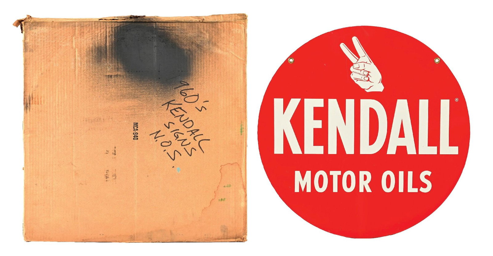 IMPRESSIVE KENDALL MOTOR OILS N.O.S. TIN SIGN WITH ORIGINAL BOX: DST. An incredibly clean NOS example, showing its original shipping box from M.C.A. CONDITION: Sign shows brilliant color & gloss throughout the fields with no notable surface wear. Sign is free of an