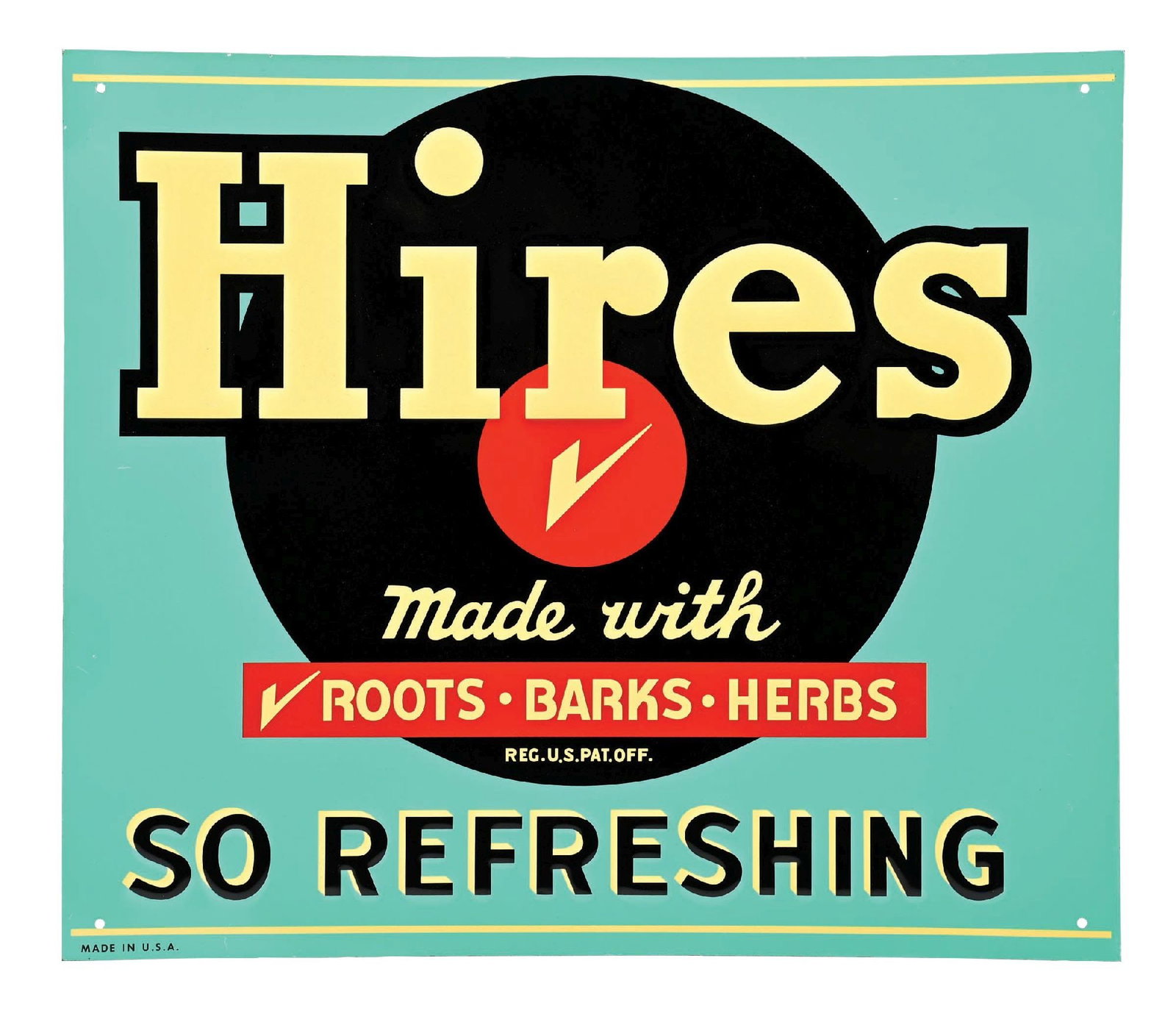 HIRES ROOT BEER SO REFRESHING N.O.S. EMBOSSED TIN SIGN: SST. C. 1950s. CONDITION: Sign showing brilliant color & gloss throughout, most likely NOS showing no notable field wear. Excellent condition mounting holes as well as outer edge. A tough to improve u