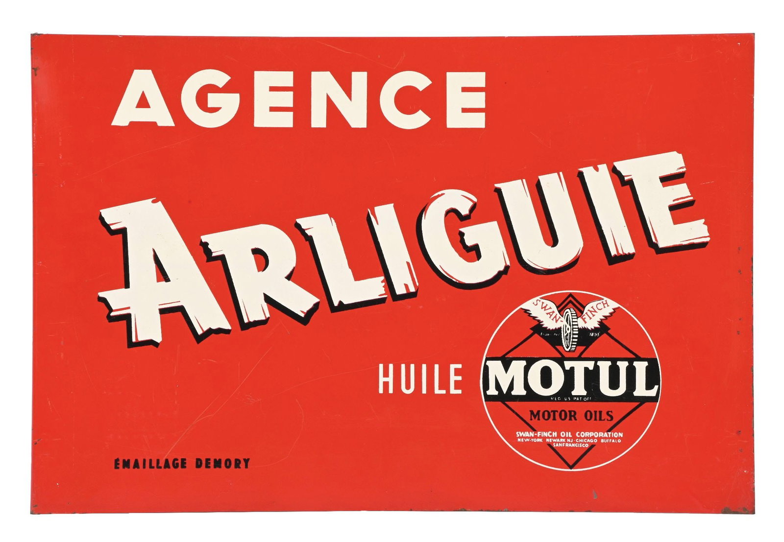 MOTUL MOTOR OILS "AGENCE ARLIGUIE" TIN FLANGE SIGN: DST. CONDITION: Each side showing excellent color & gloss throughout with minimal areas of light surface scratching. MINor areas of light wear along the outer edges. Mounting holes showing only a ligh