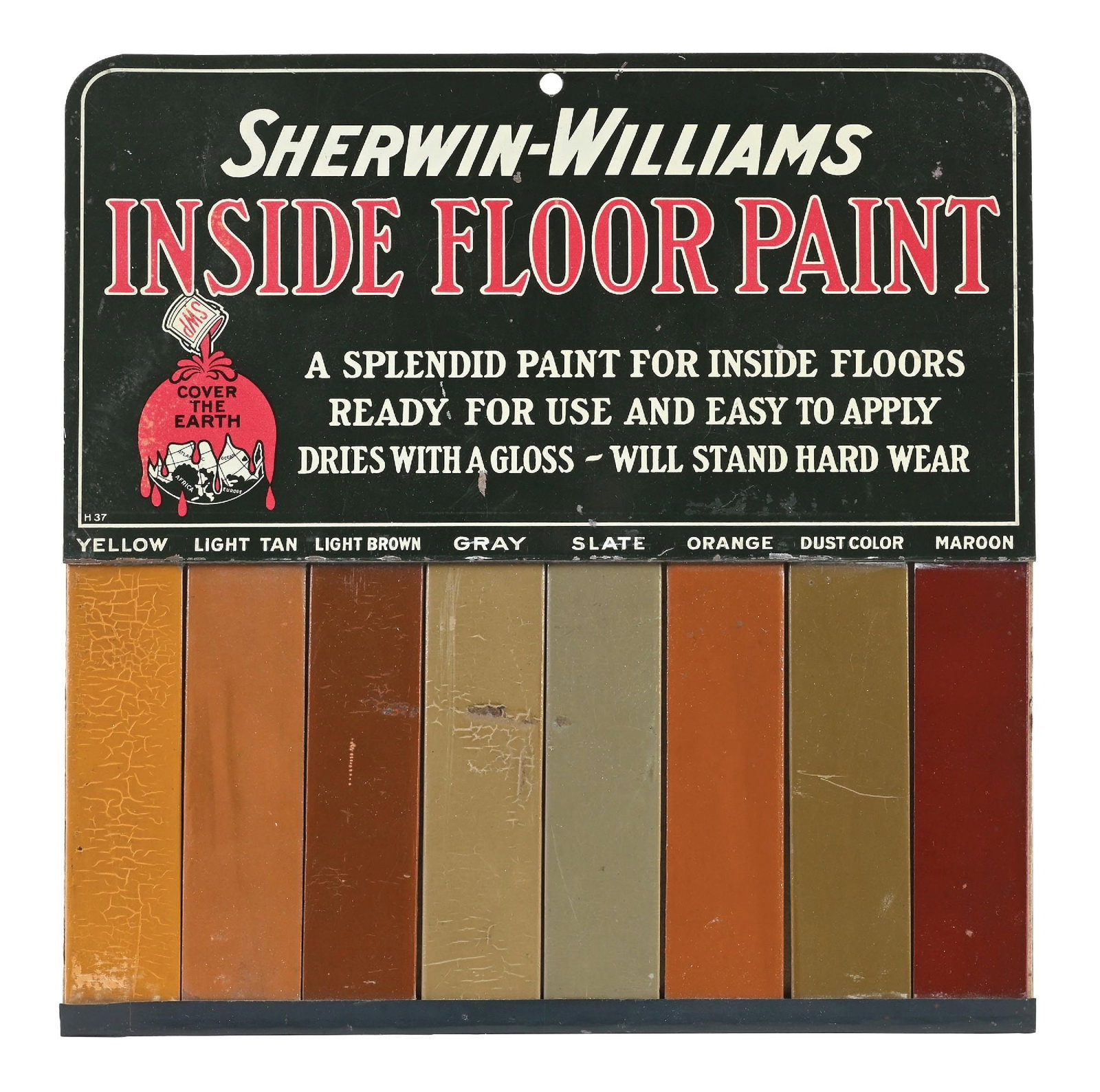 SHERWIN WILLIAMS INSIDE FLOOR PAINT TIN STORE DISPLAY W/ SAMPLE WOODEN PANELS. (1 of 2)